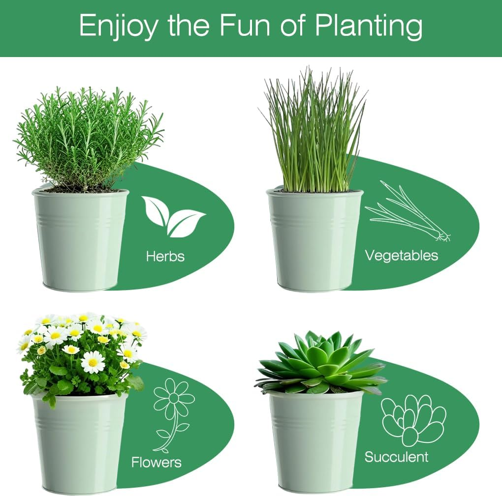 Springup 3 Pack Indoor Herb Garden Planter Set with Tray, Metal Farmhouse Windowsill Plant Pots with Drainage for Outdoor or Indoor Plants (Soft Mint)