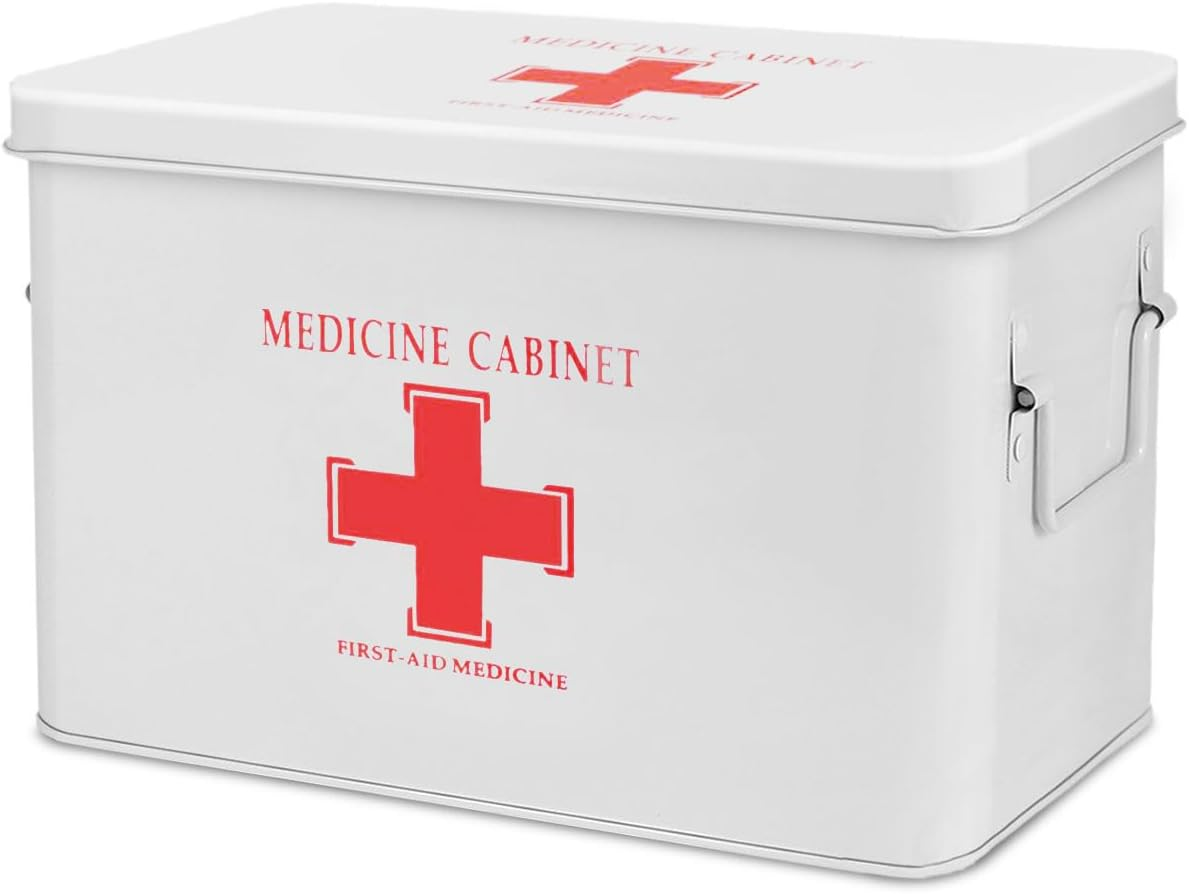 Flexzion First Aid Box Organizer Empty 13" White Vintage First Aid Kit Tin Metal Medical Box - First Aid Storage Box Container Bins with Dividers, Removable Tray and Red Cross Logo image number 4