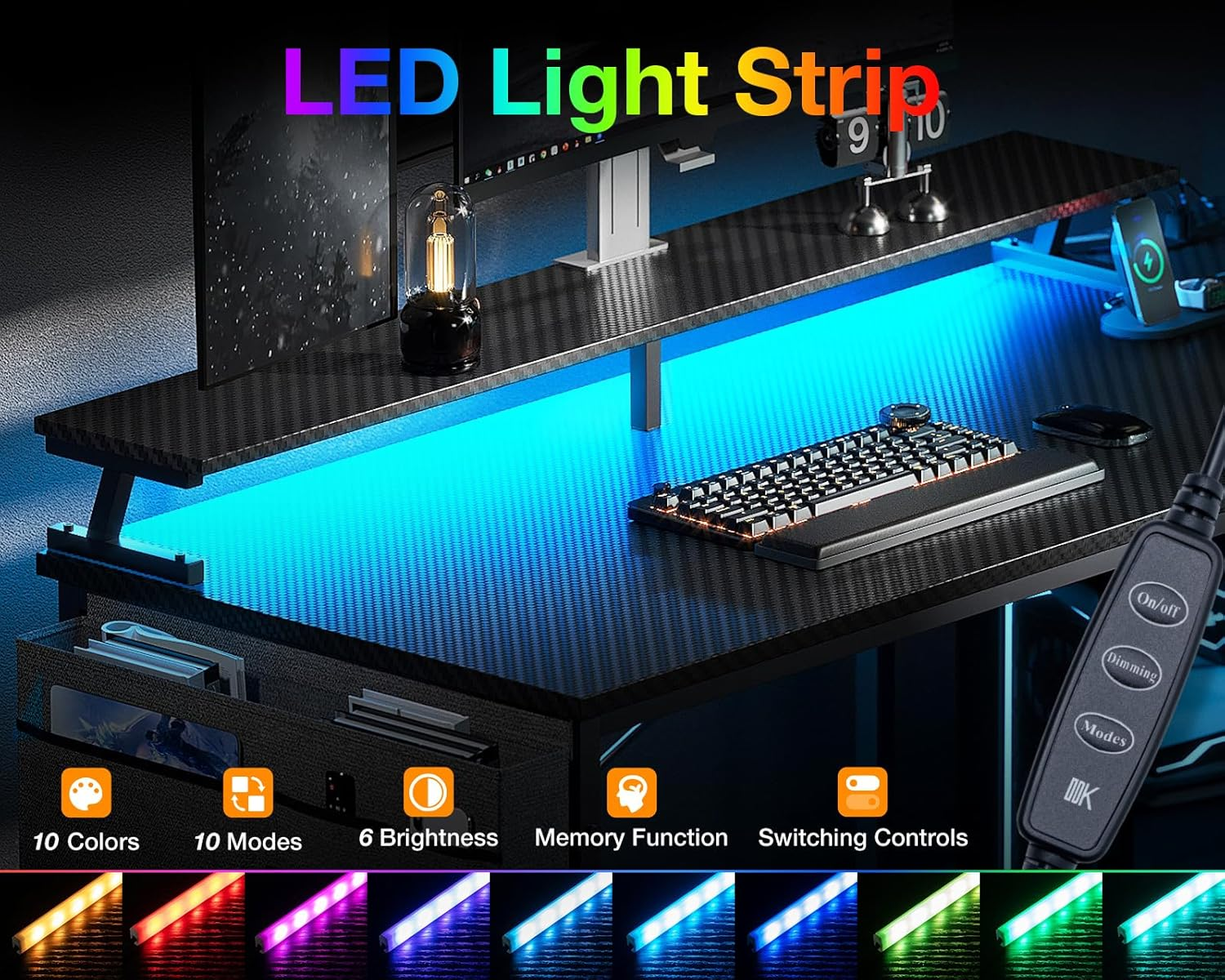 ODK Gaming Desk with Power Outlet&10 Color LED Light Strip, 120 * 80 * 87.7Cm, L Shaped Desk with Storage Bag and 2 Shelves, Computer Table with Monitor Stand, Carbon Black Fiber - White image number 7