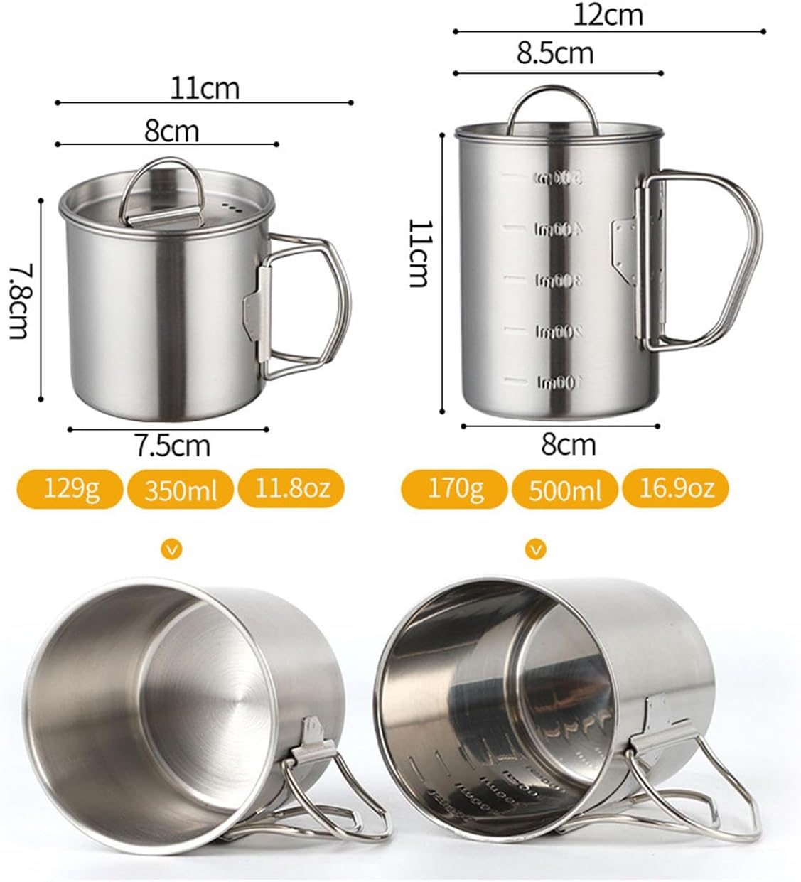 Glomora Stainless Steel Camping Mug, Stainless Steel Camping Cup Pot, Outdoor Mug with Folding Handle, Lid Scale - Ideal for Camping, Hiking, Backpacking (500 Ml)
