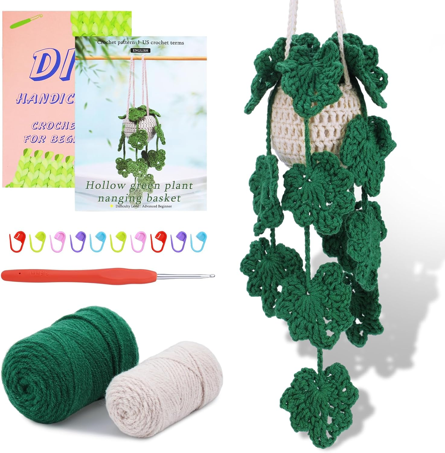 Kdafio Crochet Kit for Beginners, 2 Pcs Hanging Potted Plants Crochet Starter Kit with Step-By-Step Instructions and Video Tutorials Complete Crochet Kit for Beginners Decoration (Leaf Potted Plant)
