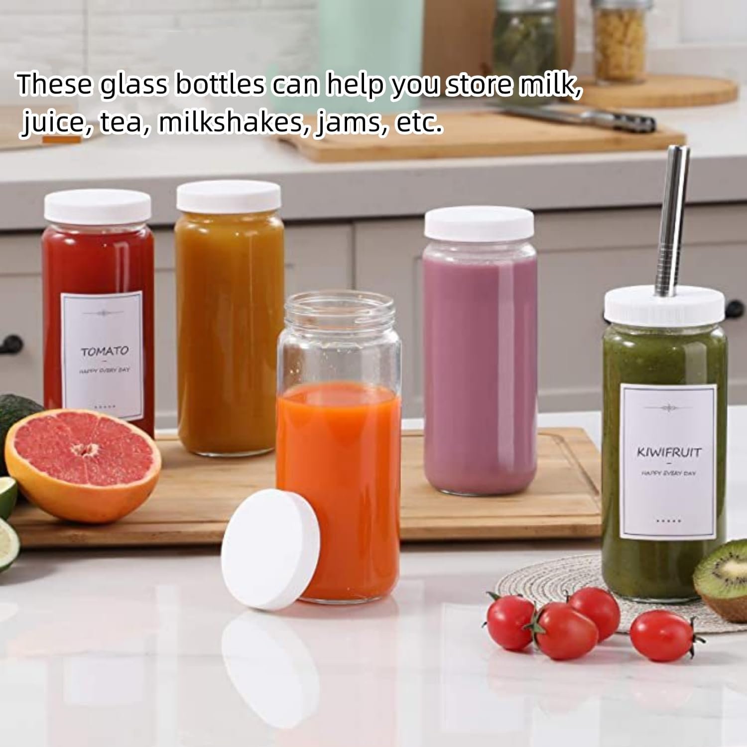 6 Pack Glass Juice Bottles, 16 Oz Glass Bottles with Caps.Reusable Jar Clear Glass Water Bottle with Plastic Airtight Lids for Juice, Smoothies, Tea, Milk, Kombucha, Homemade Beverages image number 1