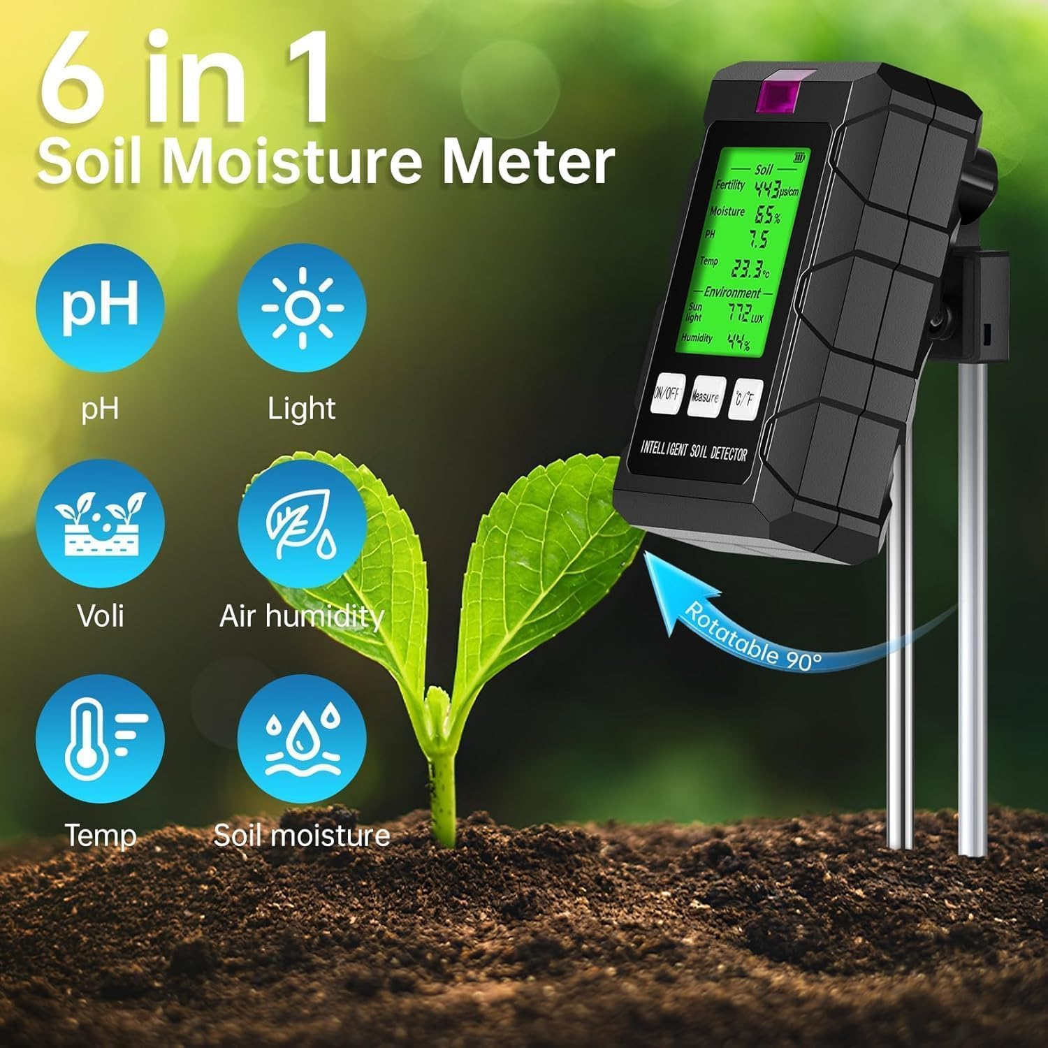 6-In-1 Soil Moisture Meter, Soil Test Kit with Soil Moisture/Ph Meter/Temperature/Sunlight/Air Humidity/Soil Fertility, Soil Tester for Farming, Gardening and Outdoor Plants (2*AAA Battery Needed) image number 4