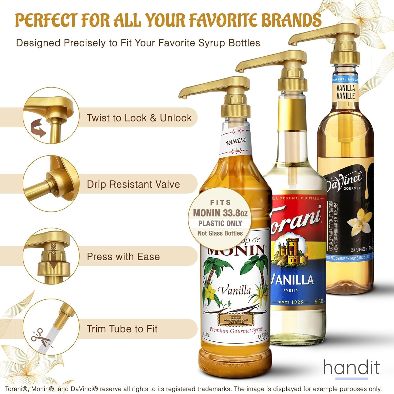 Coffee Syrup Pump Dispenser, 4 Packs of Syrup Pump for 750Ml/25.4 Oz Syrup Bottle, Gold Pumps for Coffee Syrup Bottle, Works with Torani, Davinci, Jordans Skinny 750Ml Syrups Bottles (Gold) image number 6