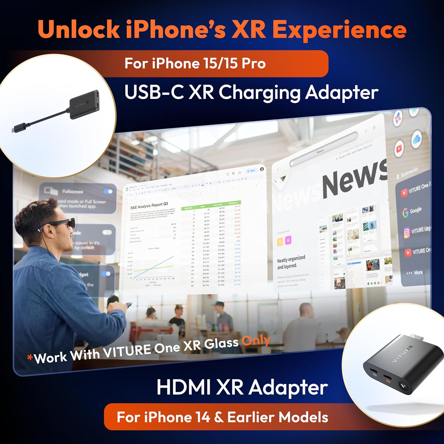 VITURE One XR/AR Glasses, 120" Full HD Display, Harman Sound, for Iphone 16/15, Steam Deck/Rog Ally/Gaming Consoles/Pc/Android, Myopia Adjustments, Electrochromic Film (Matte Blue) image number 6