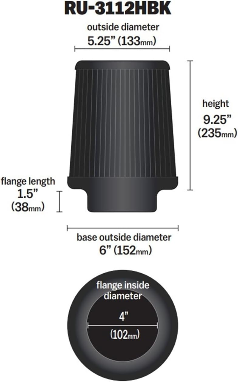 K&N RU-3112HBK Universal Clamp-On Air Filter image number 2