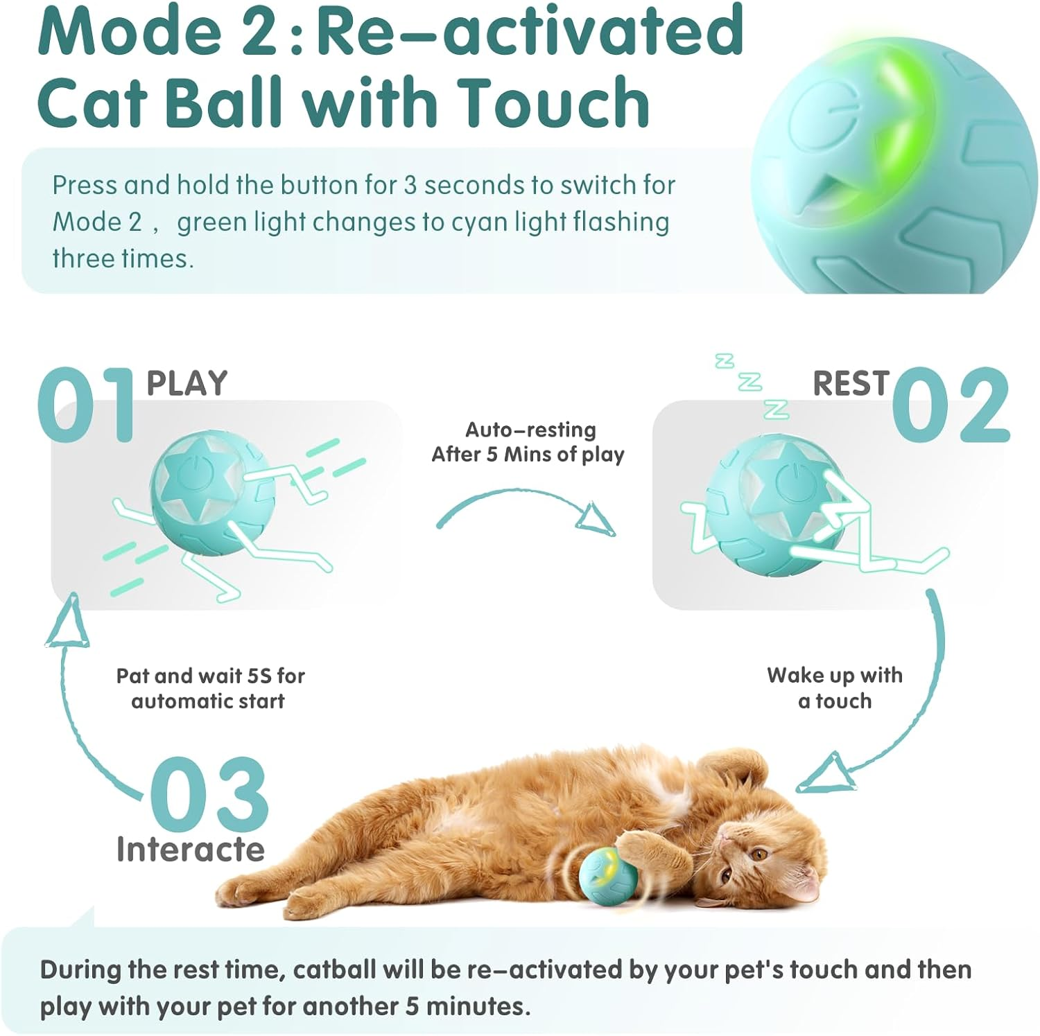 Interactive Cat Toy Ball, Baytion Cat Balls Automatic Moving Rolling Cat Toys for Indoor Cat Kitten, with 2 Modes, LED Lights Changeable, Type-C Rechargeable, Mintgreen image number 2