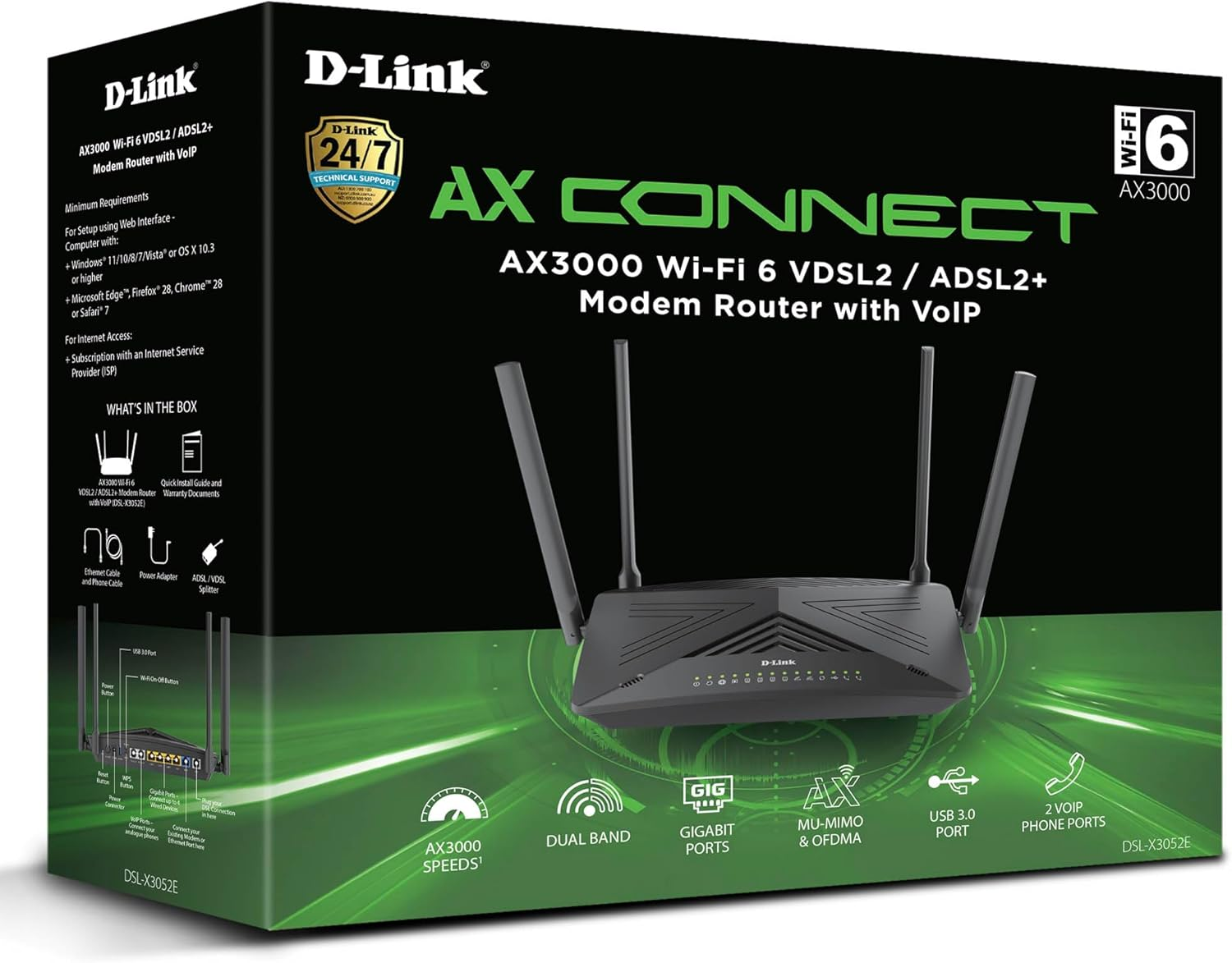 D-Link AX3000 Wi-Fi 6 ADSL2+ / VDSL Modem Router with Voip (DSL-X3052E) - Wifi 6, VDSL2, Gaming, DSL, NBN Compatible Modems and Networking Devices, NBN Routers for Home & Office image number 2