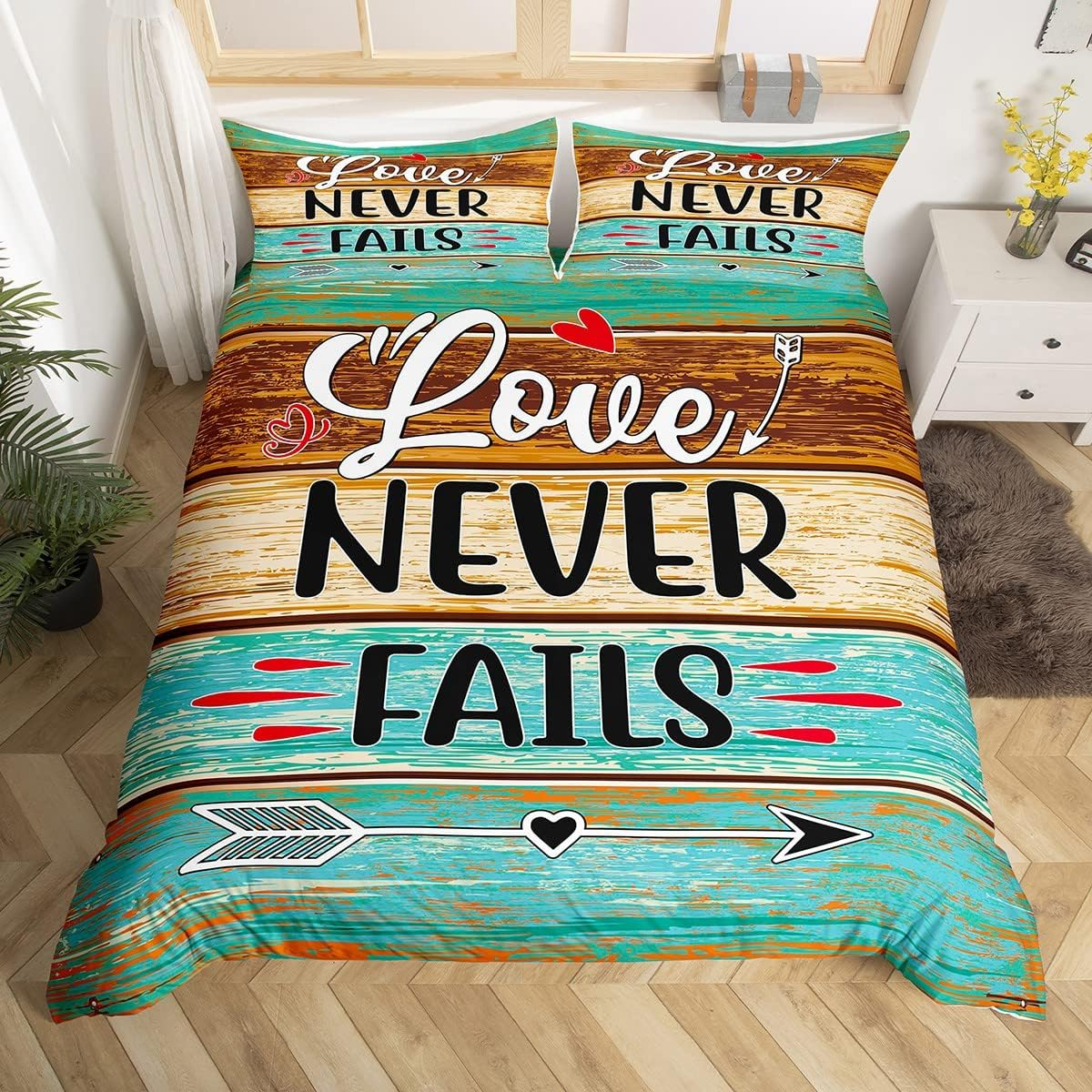 Manfei Rustic Farmhouse Bedding Set S Size Vintage Christian Bible Verses Duvet Cover for Kids Boys Girls Women Cyan Brown Cabin Wood Comforter Cover Love Theme Quote Quilt Cover