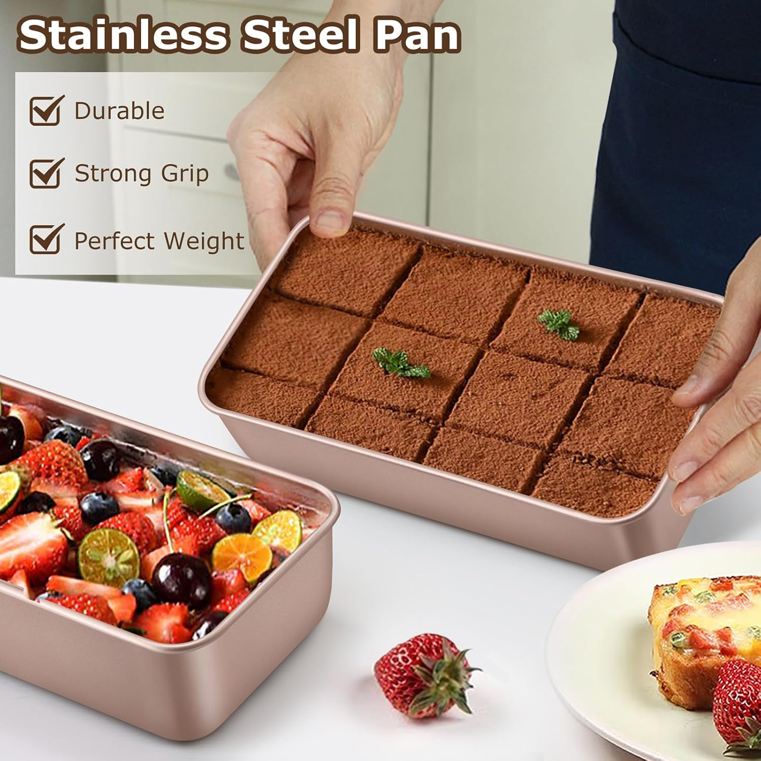 LIANYU 4 Pack Loaf Pans for Baking Bread 9X5In, Stainless Steel Meatloaf Baking Loaf Tins, Heavy Duty Metal Bakeware for Bread Cake Brownies, Non Stick & Easy Release, Rose Gold - 8, Black image number 2