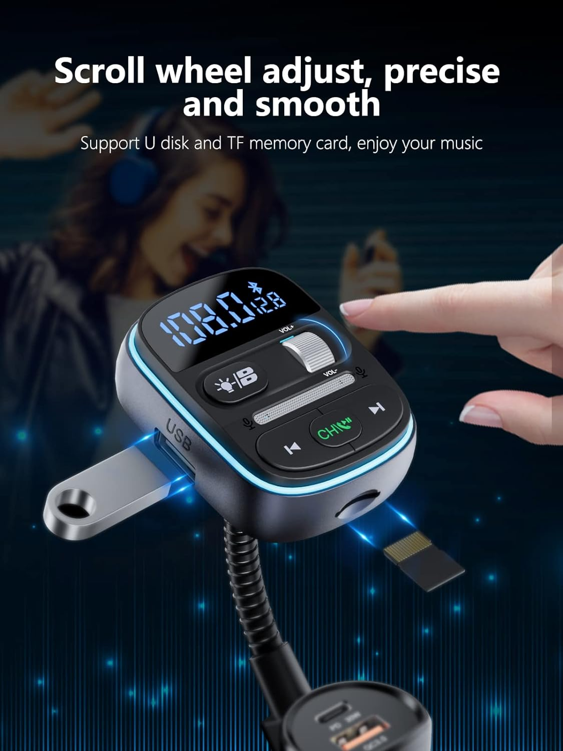 LENCENT PD 30W Bluetooth FM Transmitter,Bluetooth Car Adapter with QC3.0 Fast Charger,Hi-Fi Music/Clear Calling Car FM Bluetooth Adapter,【Color Light】 image number 6