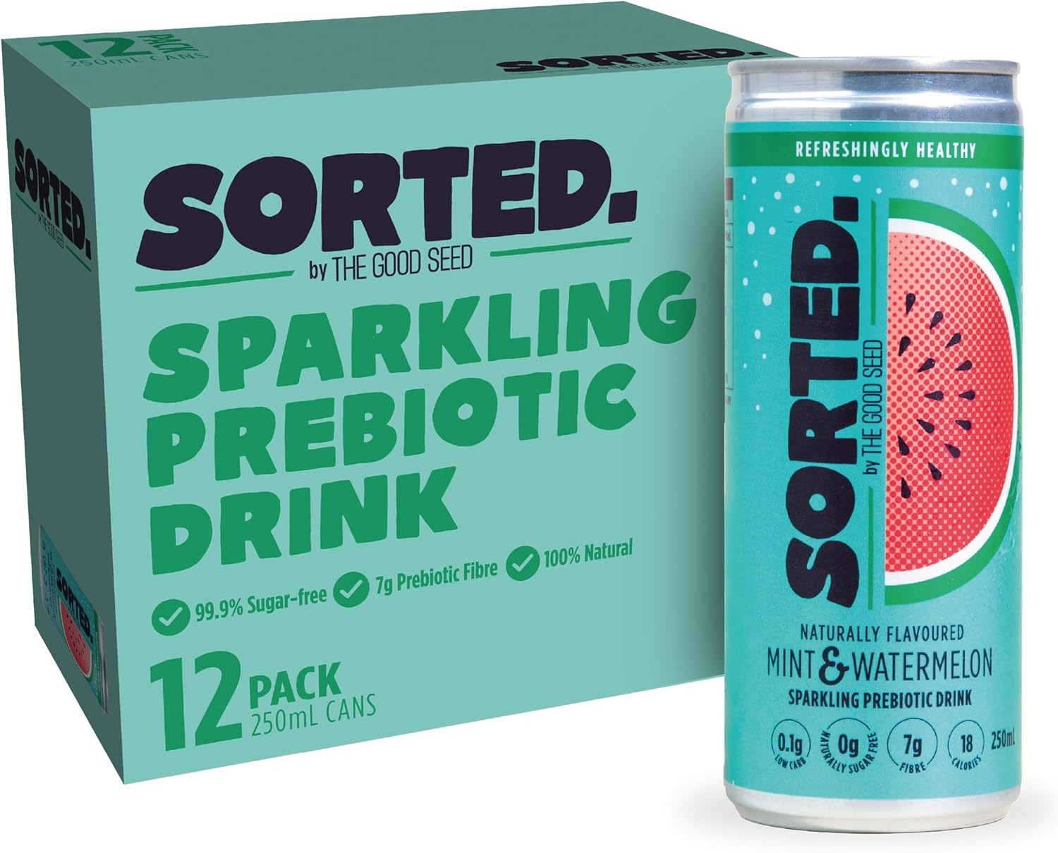SORTED. Mint & Watermelon Prebiotic Soft Drink | Boosts Gut Health | High-Fibre, 99.9% Sugar-Free, Low Carb, Low Calories | 12X250Ml Cans image number 1