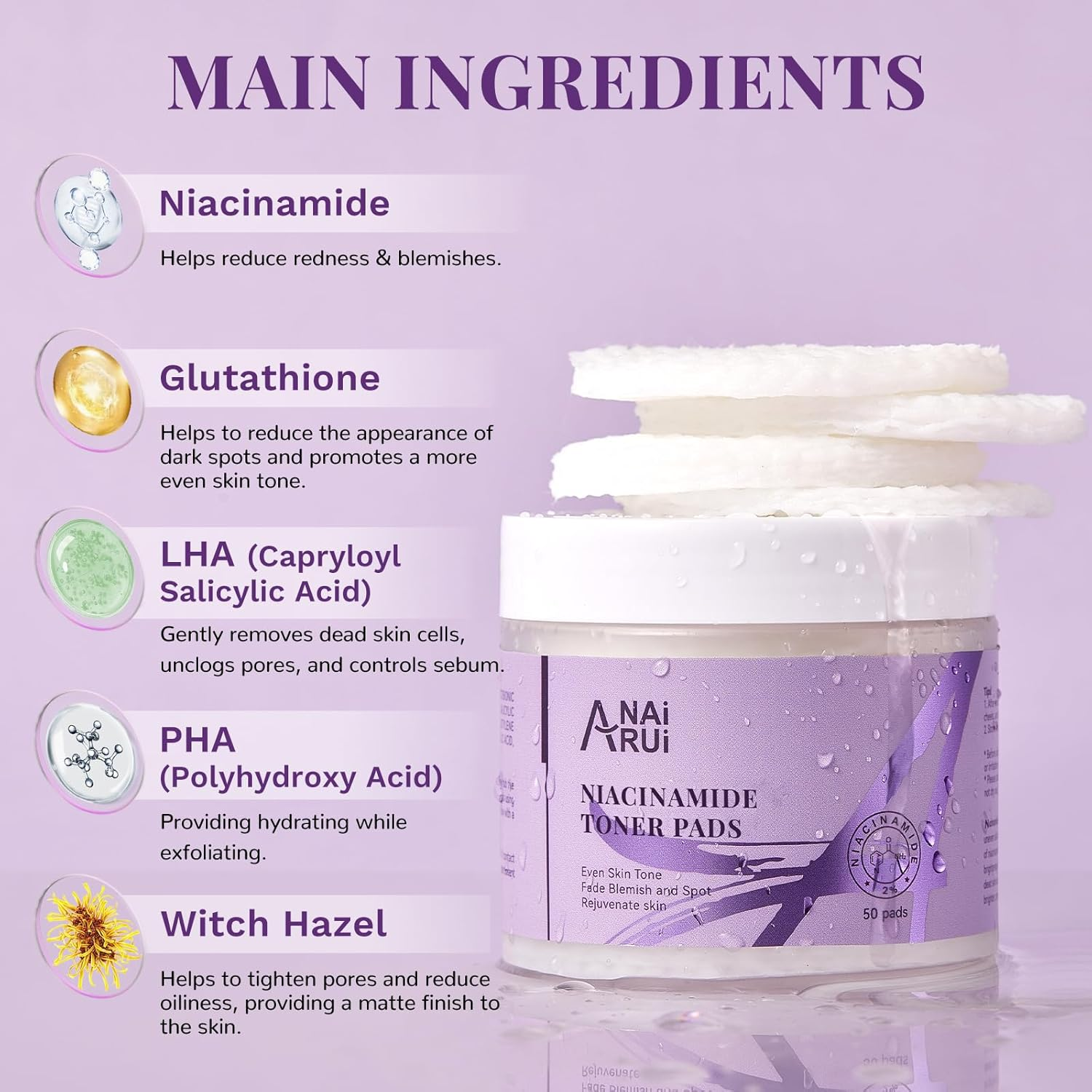 ANAI RUI Niacinamide Facial Radiance Pads, with Glutathione, Niacinamide, LHA, PHA - 50 Pads for Even Skin Tone, Reduce Blemish and Spots image number 1