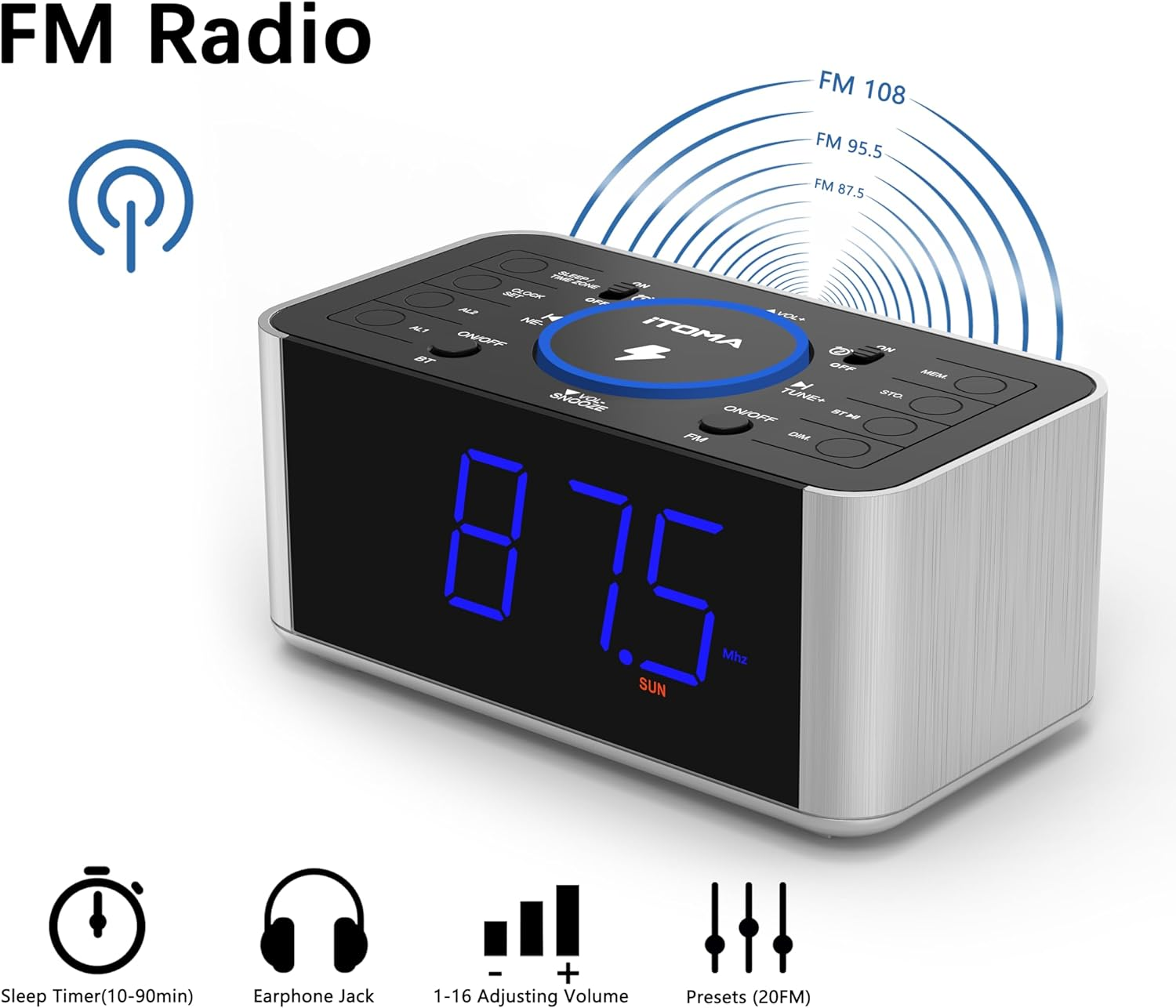 Alarm Clock Radio with 5W Wireless Charging, Snooze,Bluetooth, Dual Alarm, 1.4'' LED Display, Dimmer, USB Charging Clock for Bedside Itoma 206 - Blue Led Display image number 4