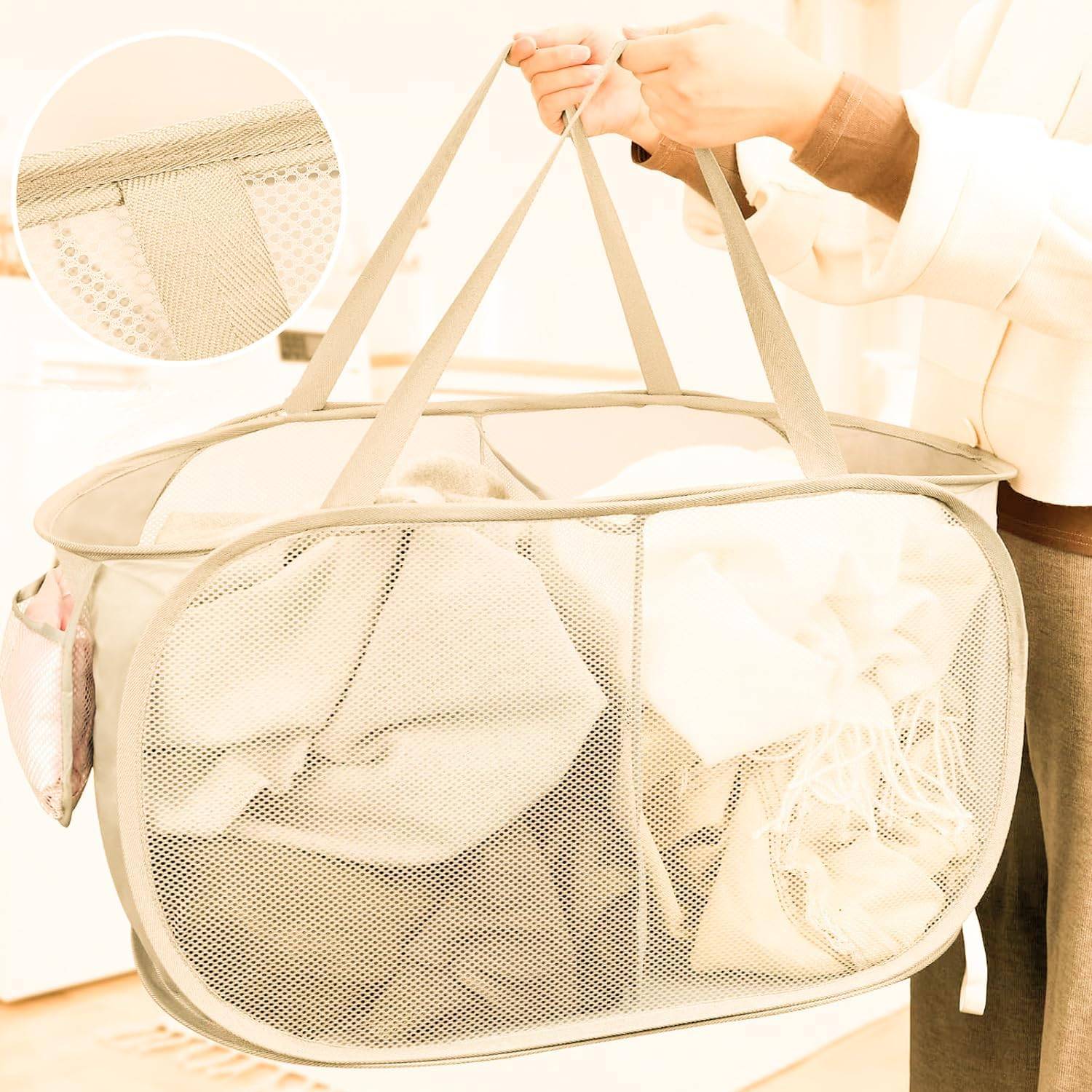 Yharnamite Collapsible Laundry Baskets, Pop up Laundry Hamper, Collapsible Mesh Dirty Clothes Hamper, Clothes Storage Basket with 2 Compartments and Side Pockets for Store Clothes Sundries(Beige-A) image number 1