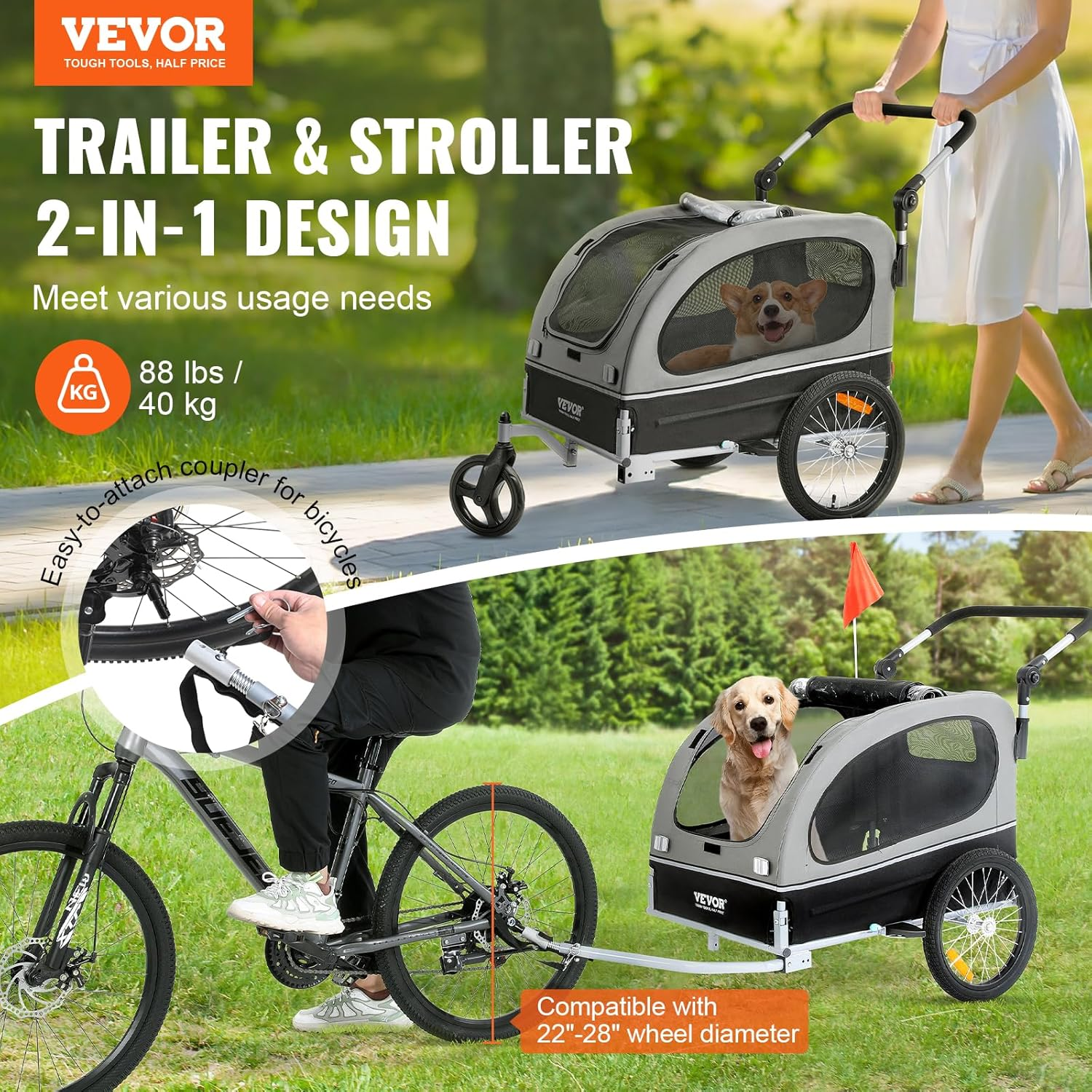 VEVOR Dog Bike Trailer, Supports up to 66/88/100 Lbs, 2-In-1 Pet Stroller Cart Bicycle Carrier, Easy Folding Cart Frame with Quick Release Wheels, Universal Bicycle Coupler, Reflectors, Flag image number 3