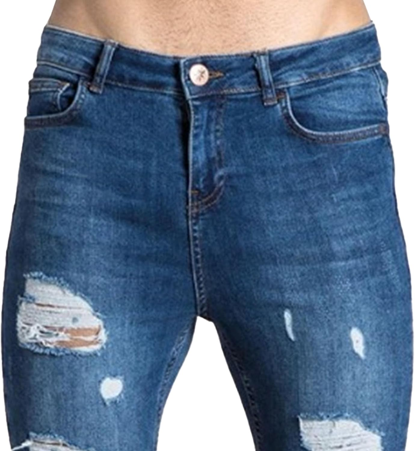 Men Stretch Mid Waist Ripped Denim Pant Casual Street Pencil Jeans with Holes Y2K Classic Skinny Motorbike Trousers, Dark Blue1, X-Large image number 4