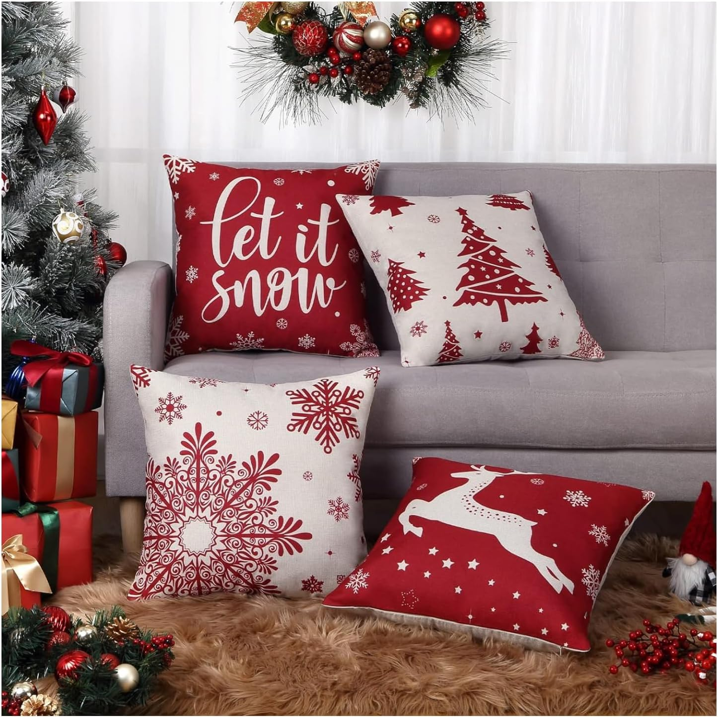 Christmas Cushion Covers 18X18 Inch, 4 Pack Pillow Covers Christmas Tree Snowflake Reindeer Santa Claus Linen Throw Pillow Cases for Home Decor, Bedroom, Sofa Christmas Decor New - A image number 2