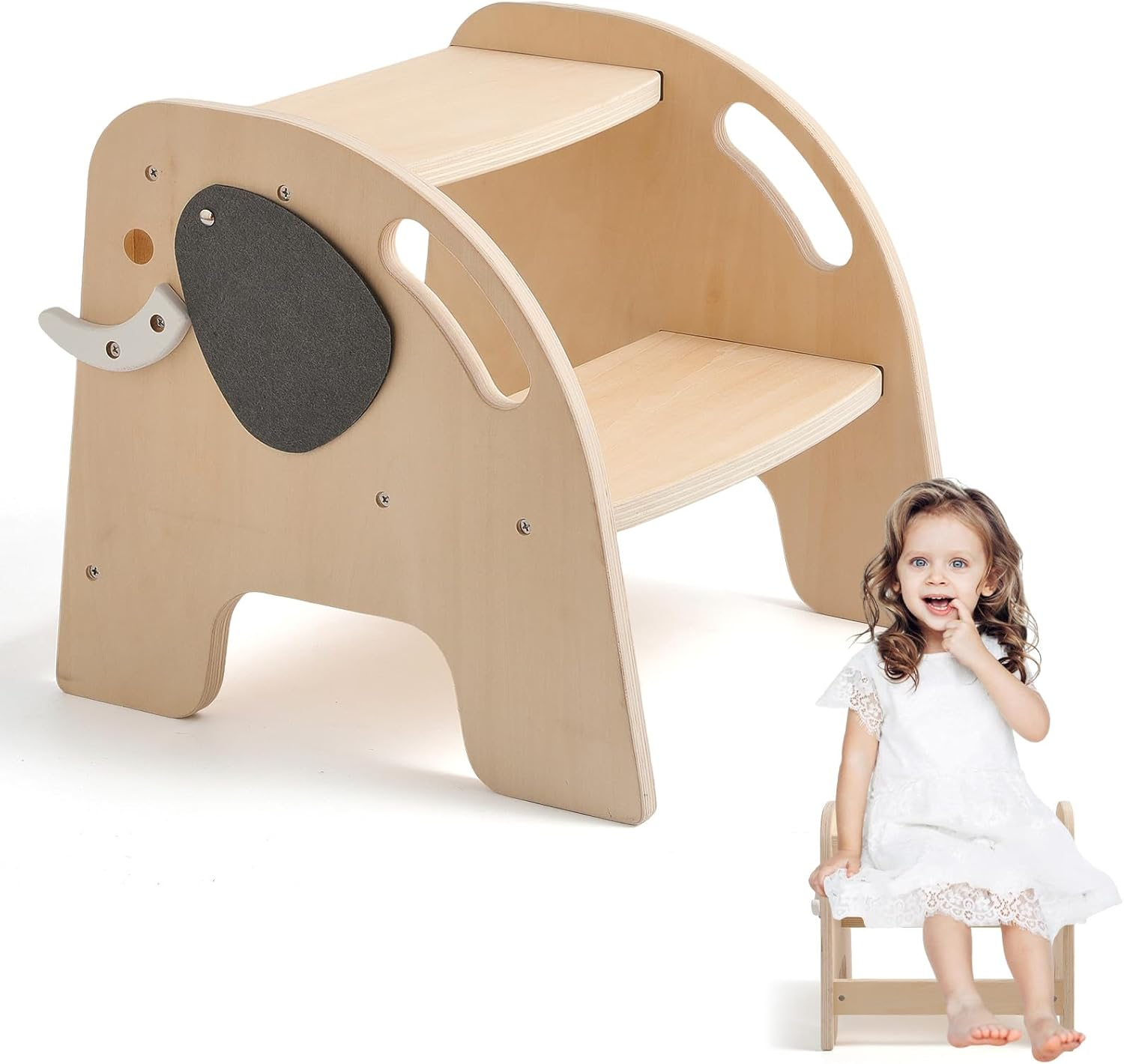 Promise Babe Toddler Step Stool, Adjustable 3 Step Stool for Kids, Toilet Potty Training Stool with Handles, Child Kitchen Counter Stool Helper Cute Wooden Ladder with Non-Slip Mat