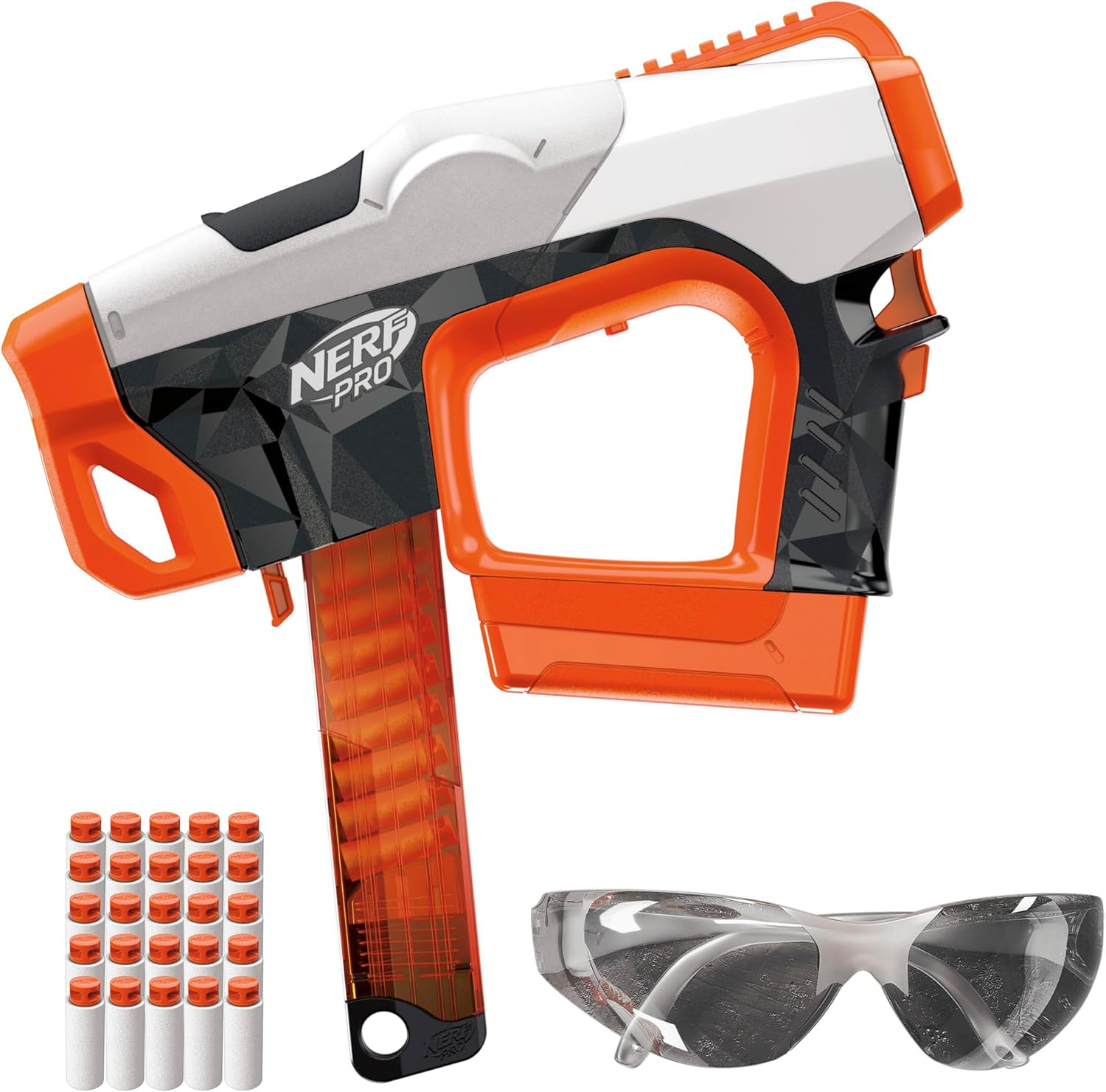Nerf Pro Sender Half-Length Semi Automatic Dart Blaster, 150 FPS, 30 Nerf Pro Half-Length Darts, 15-Dart Magazine, Eyewear, Gifts for Teens, 14+ image number 1