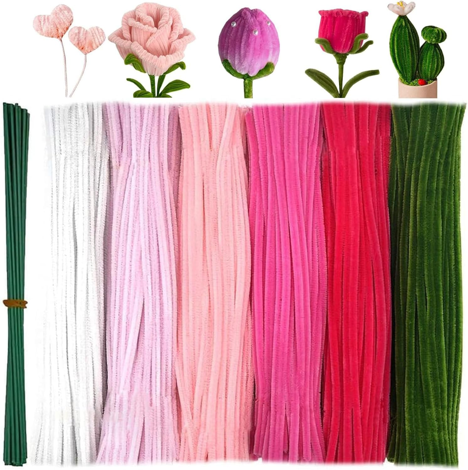 BEANPRECOY 620 Pieces Pipe Cleaners Craft Set 600 Pcs Pastel Chenille Stems with 20 Pcs Flower Stems Craft Supplies Bulk for DIY Art and Craft Projects Creative Wrapping Party Decorations(Pink Series) image number 3