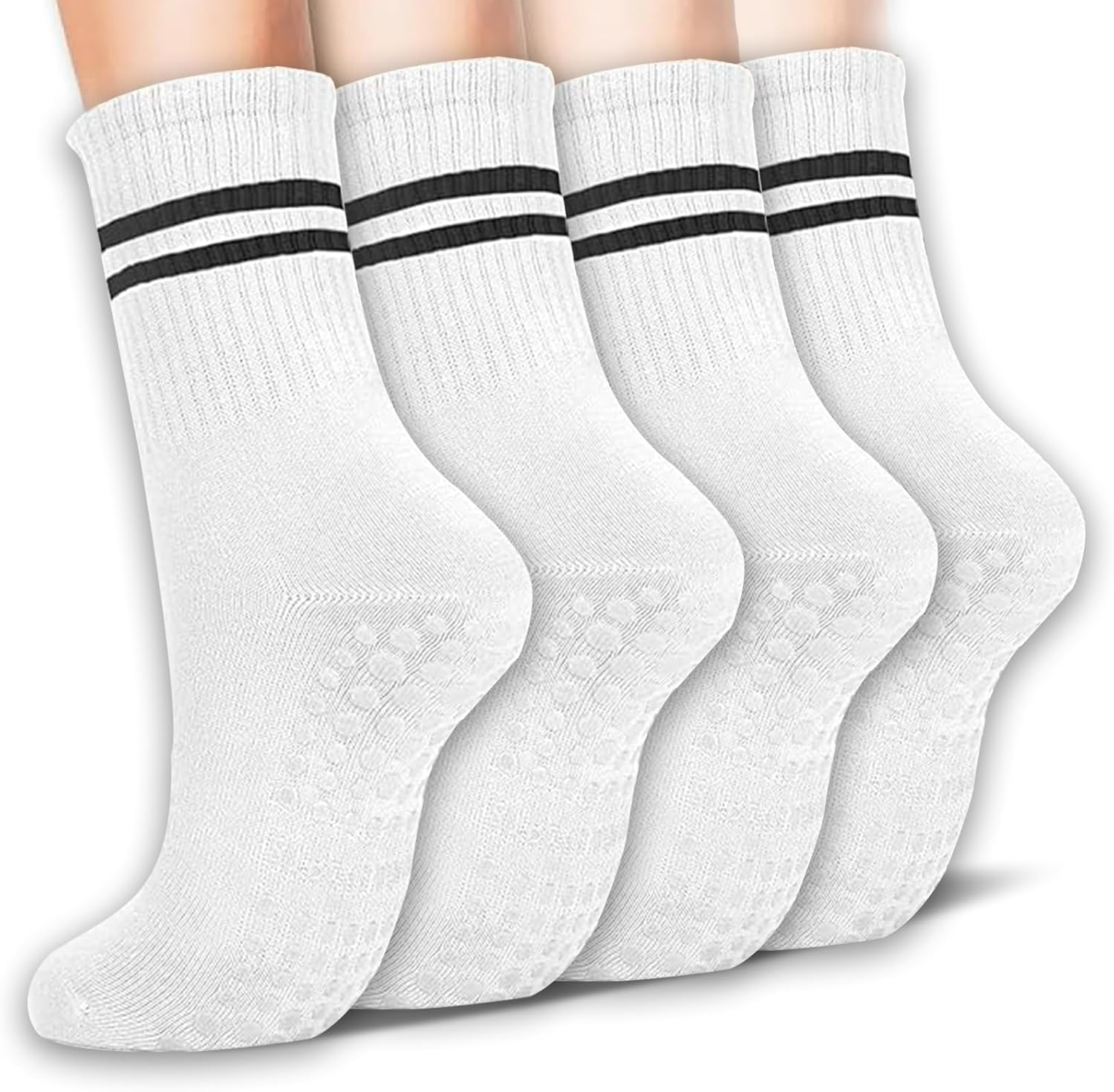 4 Pairs Yoga Grip Socks, Non Slip Pilates Socks Ladies Mid-Calf Pilates Grip Sock, Breathable Cotton Yoga Socks for Gym, Dance, Training, Barre, Fitness, Workout, Wooden Floor image number 3