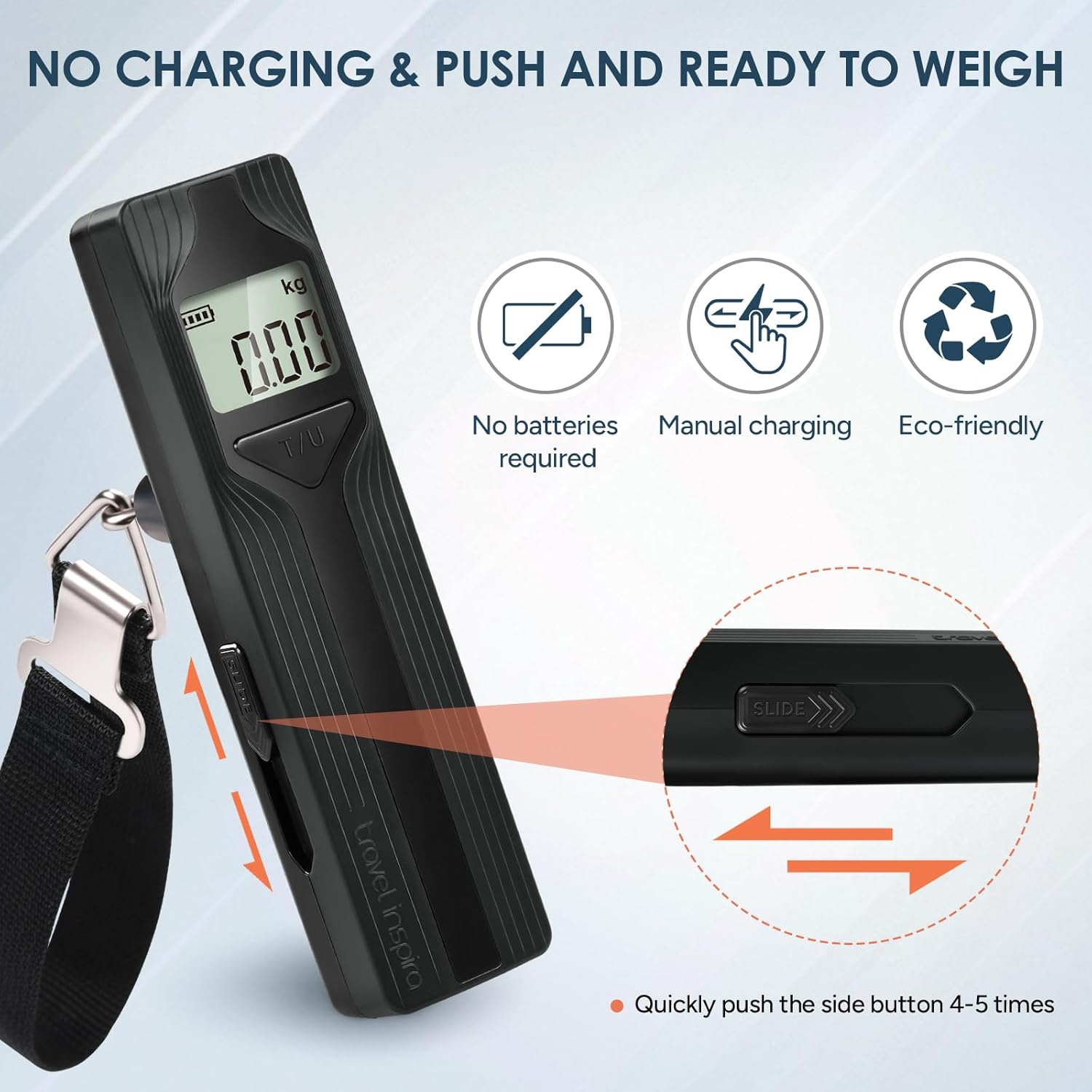 Travel Inspira Luggage Scale Battery-Free, Travel Essentials, Portable Handheld Digital Suitcase Weight Scale for for Travel Accessories, 110Lbs/50Kg (Black) image number 3