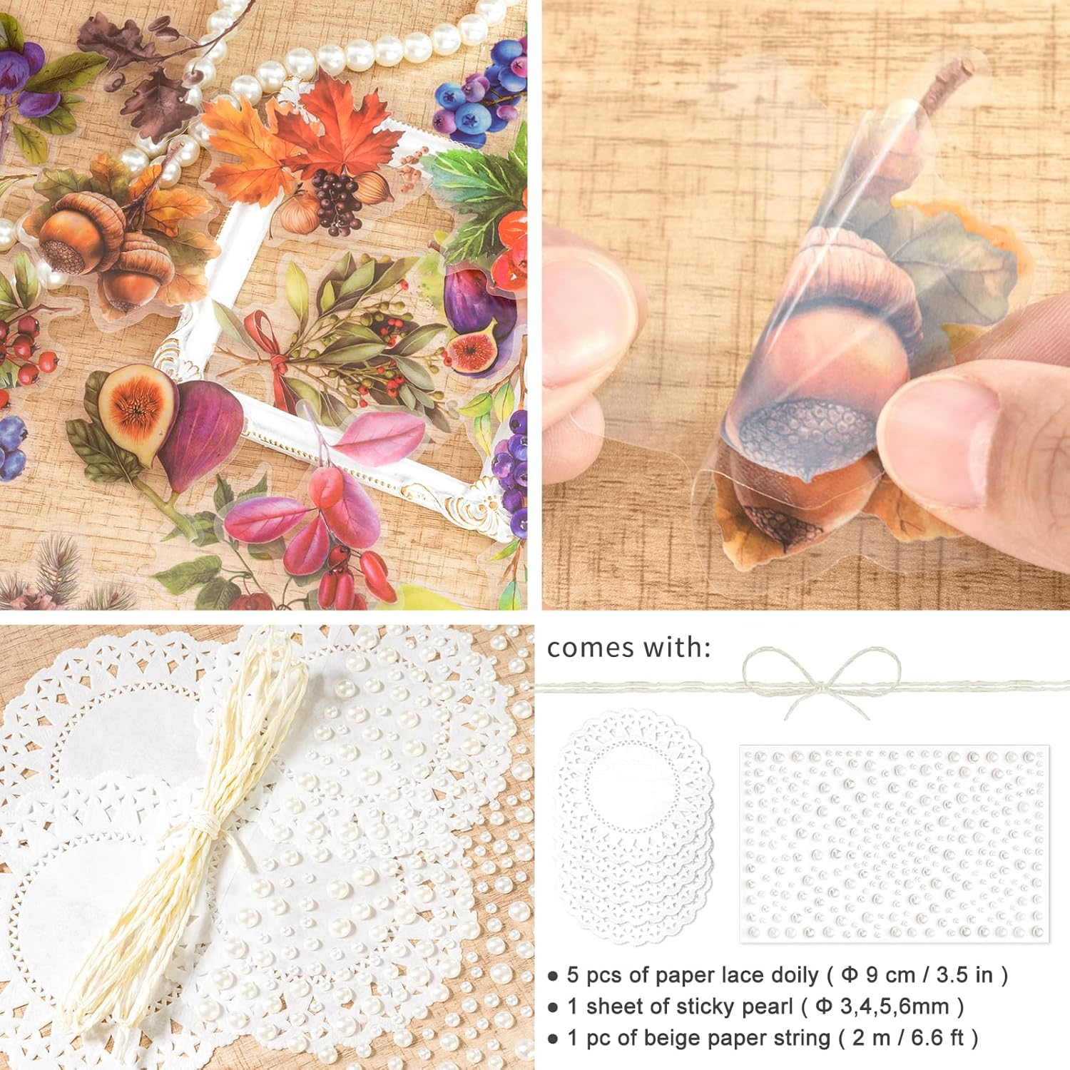 Mayplous Fruit Scrapbook Sticker Decal Set, Plastic PET, DIY Journaling, Lemon, Pineapple, Grape, Orange, 60 Pieces, Sticky Pearl, Circle Doily Paper, Beige Paper String