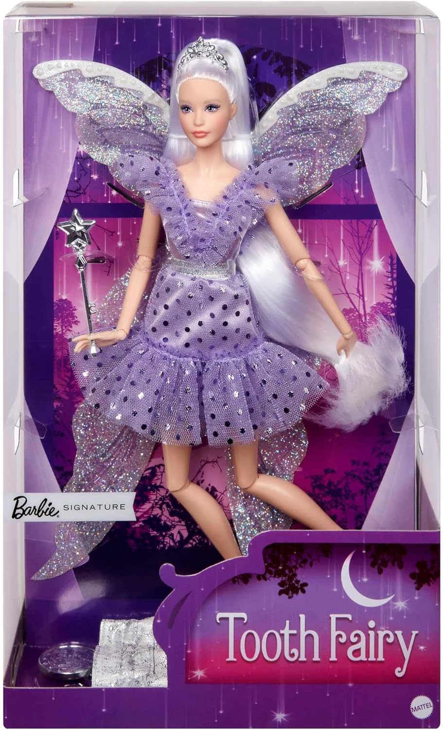 Barbie Signature Tooth Fairy Doll, Collectible Barbie Doll with Fairy Wings, Wand & Coin Bag - Blue,White image number 6