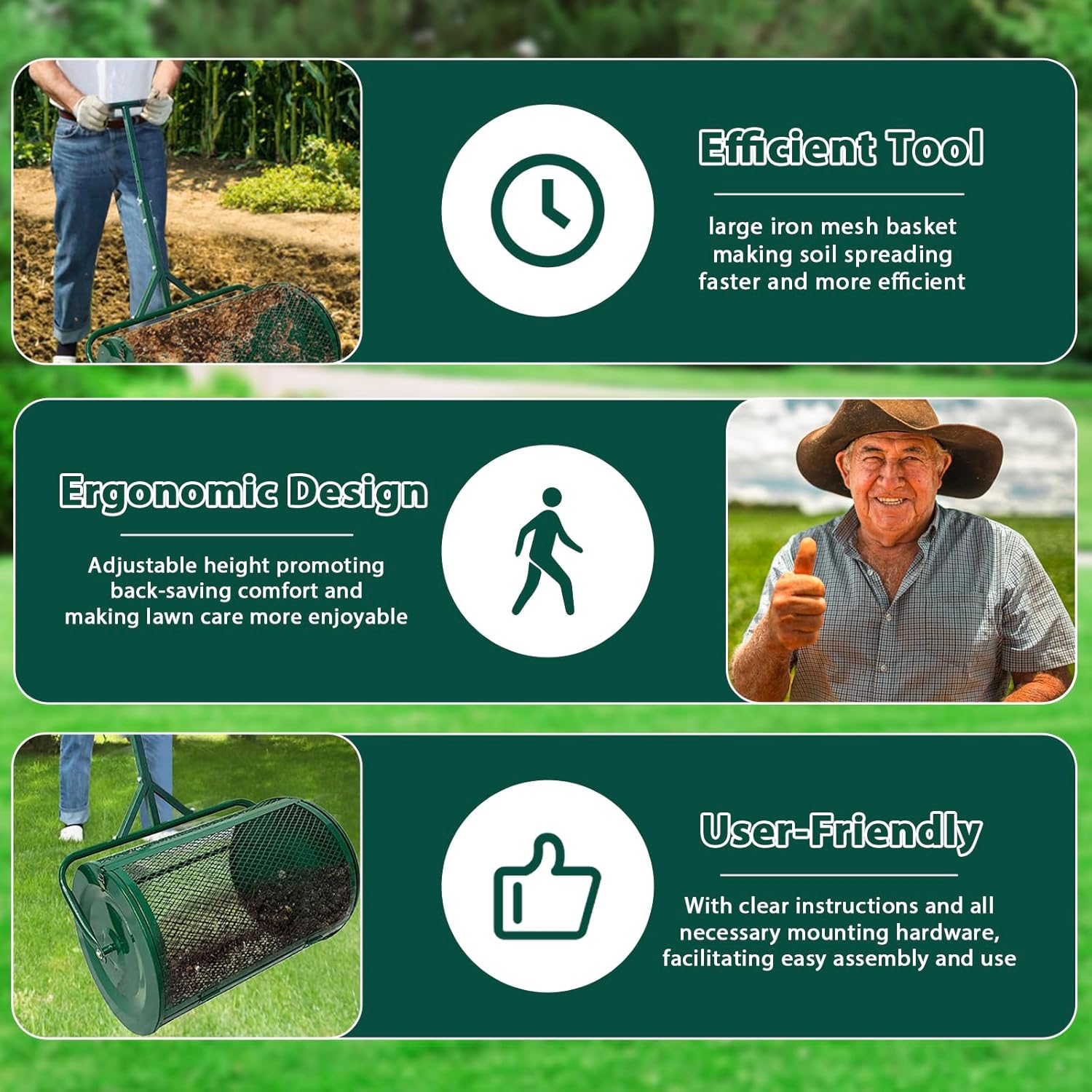 24" Compost Spreader Lawn and Garden Peat Moss Roller with 22.4"-27.5" Height Adjustable Handle 24" X 15.7" Powder Coated Mesh Basket with Side Latches for Topsoil Manure Fertilizers