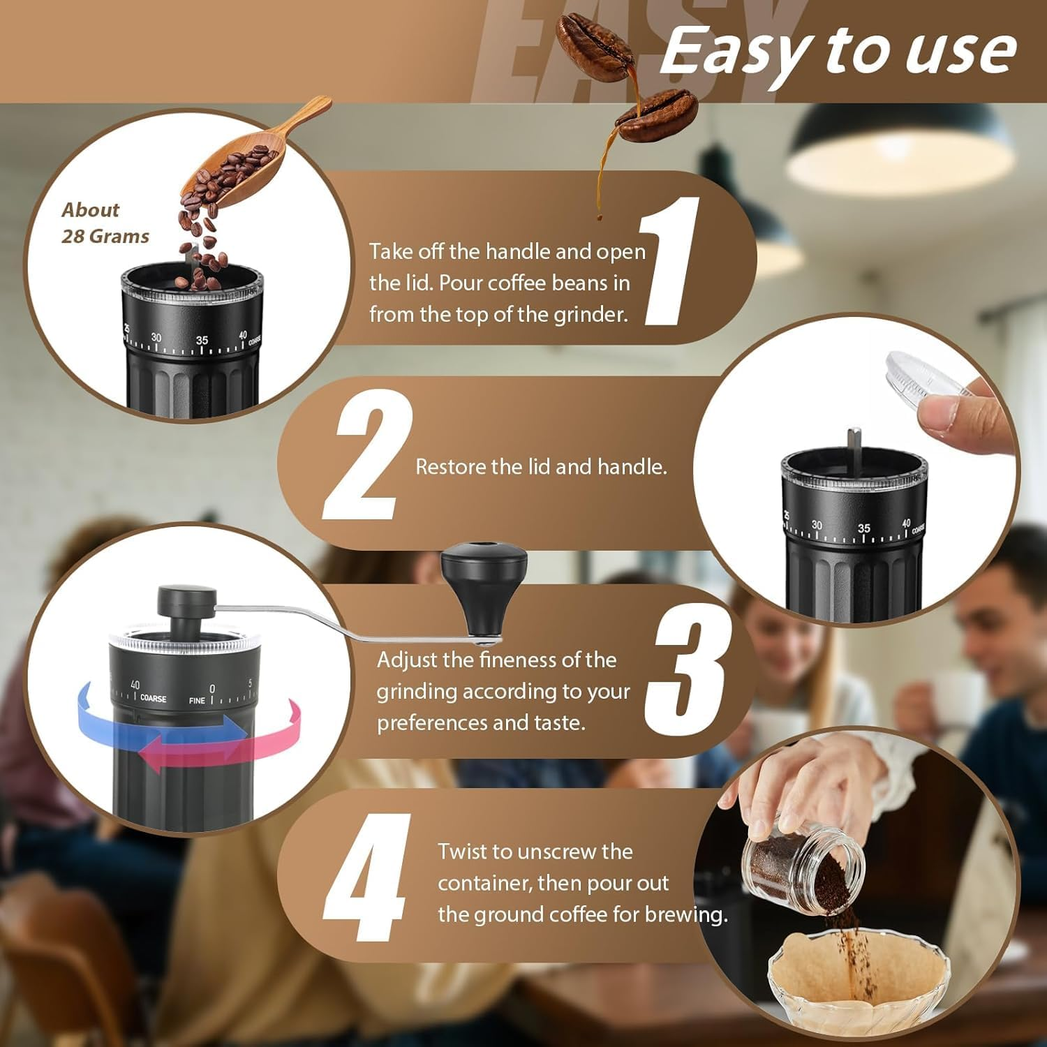 Manual Coffee Grinder with Conical Ceramic Burrs 40 Adjustable Coarse- Portable Coffee Bean Grinder for Espresso, French Press, Pour over - 25G Capacity image number 2