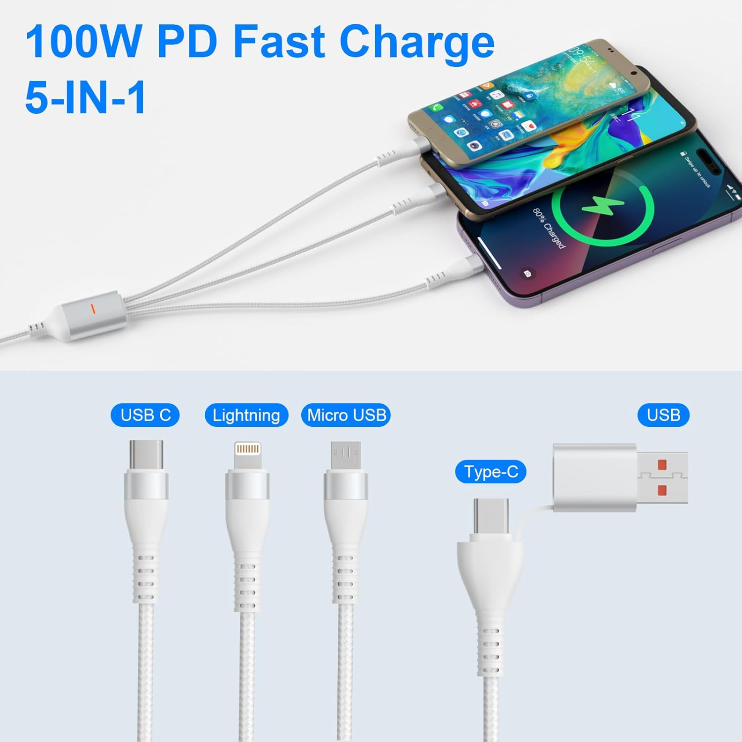 Pubiohs 3M Braided Long 3 in 1 Multi Charging Cable - 100W PD Fast Charger Cable with USB-A/USB-C Inputs + Lightning/Usb-C/Micro USB Outputs for Iphone 16/15/14, Ipad, Galaxy, 100 Watt Laptop