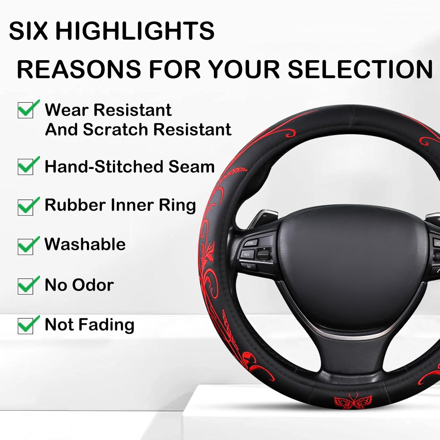 Red Embroidery Butterfly Car Steering Wheel Cover,14.5-15 Inch Universal Leather Covers Breathable Anti-Slip Odorless Steering Wheels Accessories for Men Women - Black  White image number 2