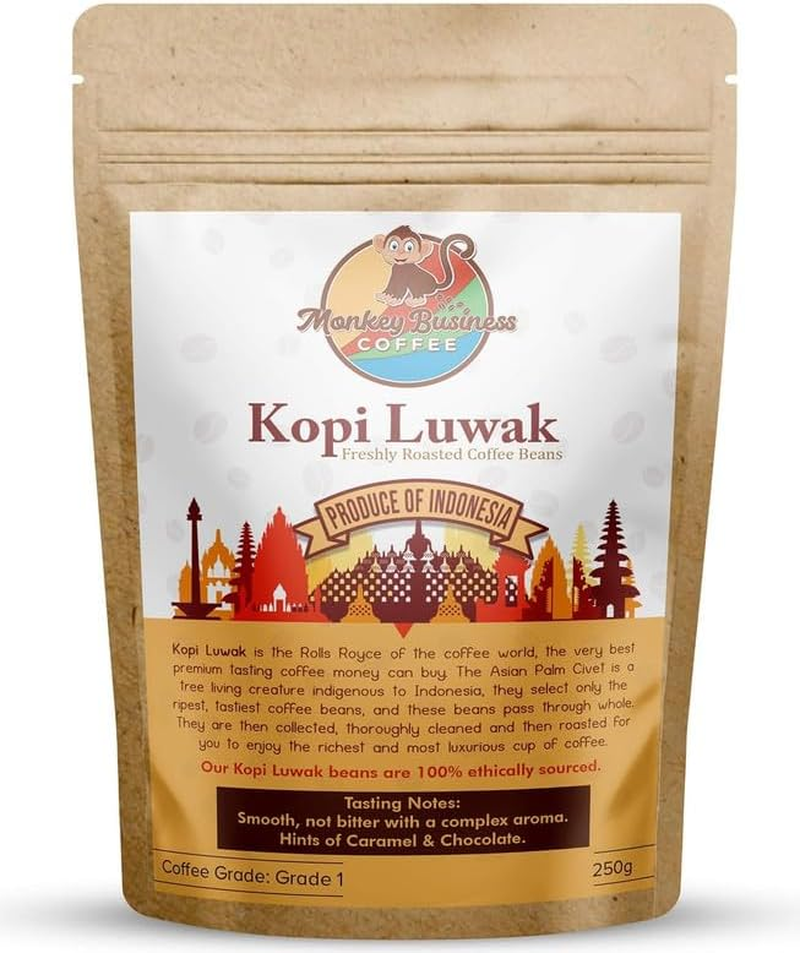 Monkey Business Coffee - Wild Kopi Luwak Coffee Whole Beans - Ethically Sourced - 250 Grams (Other Weights & Bean Types Available) - Produce of Indonesia image number 3