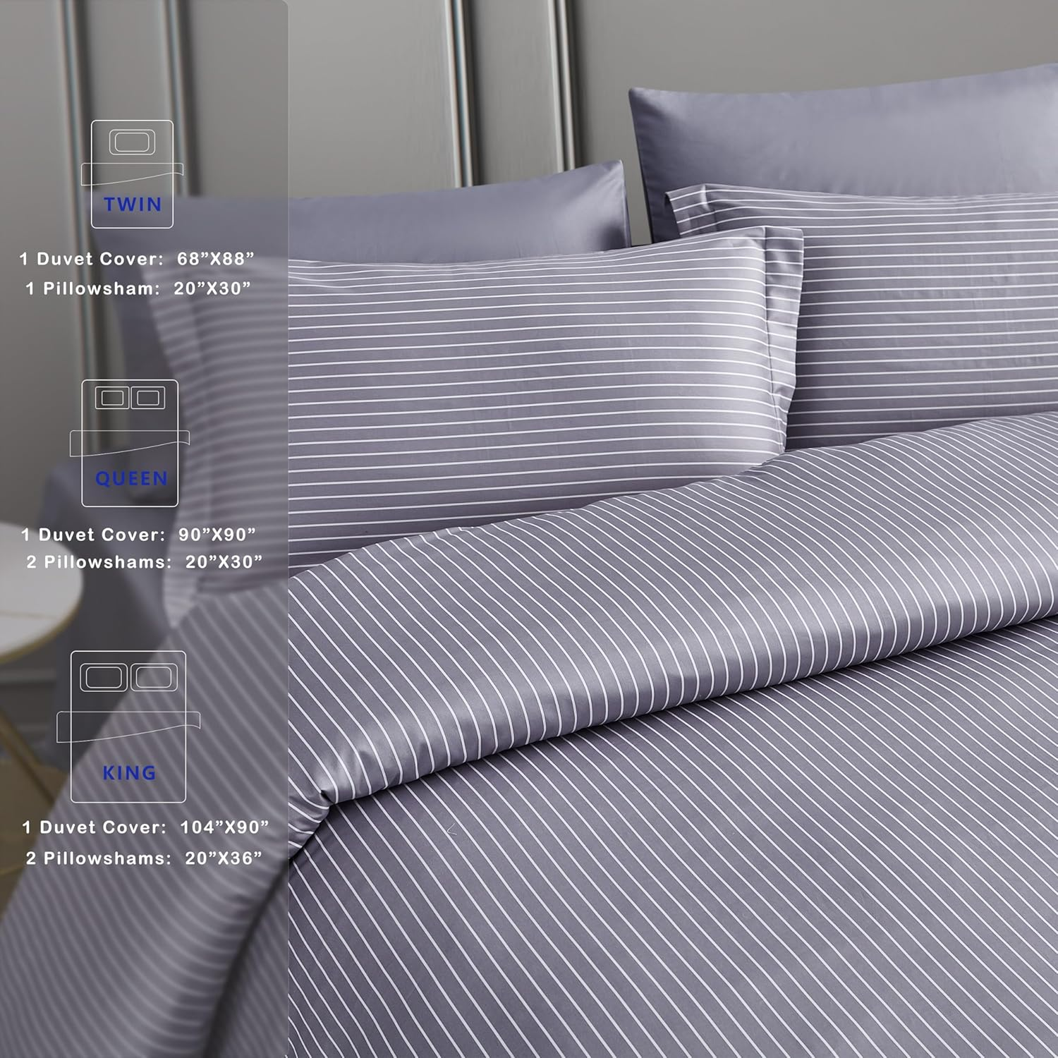 ACCURATEX Quilt Cover Set Double Size,400Tc Long Staple Cotton, Sateen Weave Percale Luxe Comforter Cover with Zipper Closure&Corner Ties,3 Pcs Hotel Duvet Cover with Pillow Shams(Striped Grey180X210) image number 3