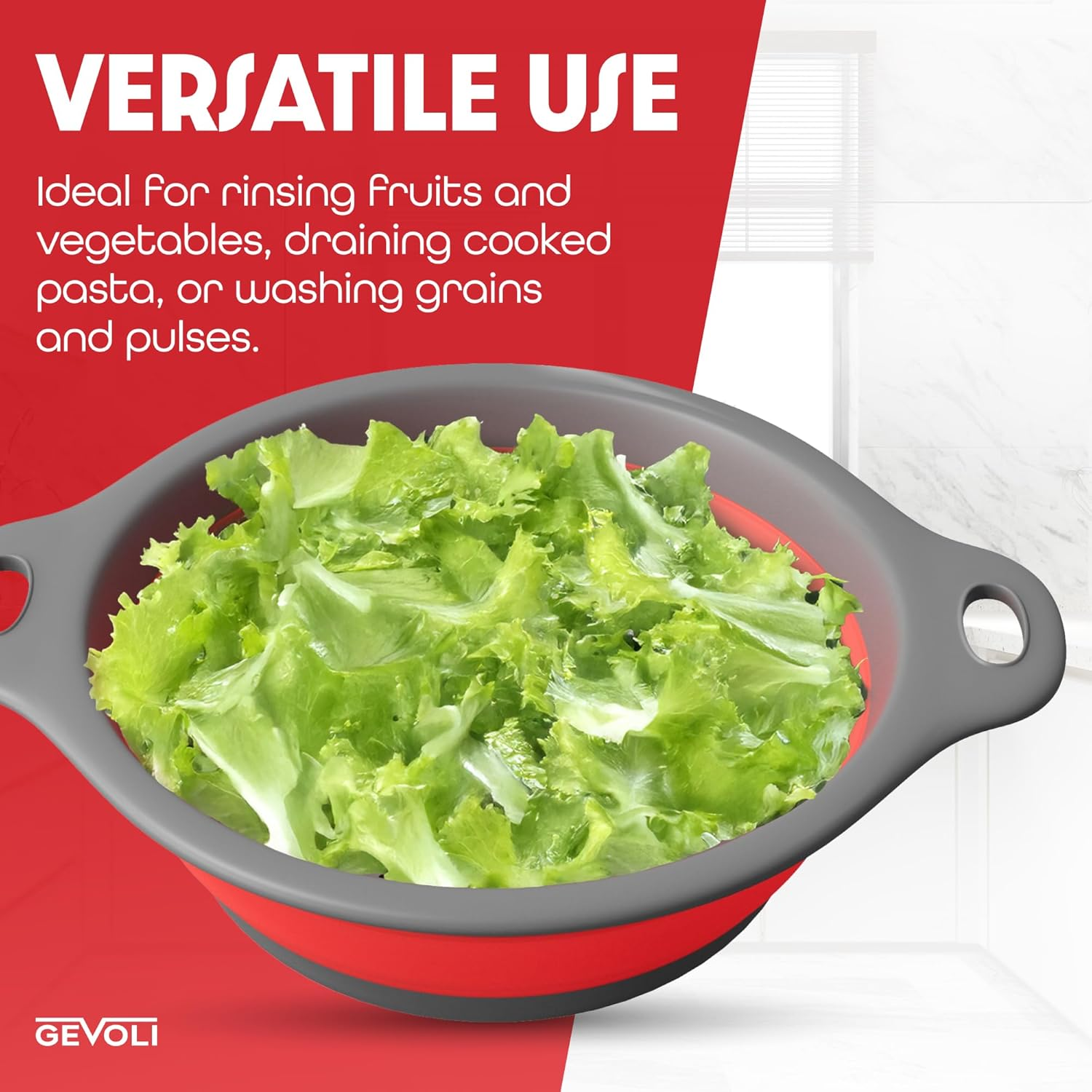 Collapsible Colander Food Strainer with Over-Sink Self Draining Base for Pasta Fruits and Vegetables, round Foldable Draining Basket Grey/Red image number 3