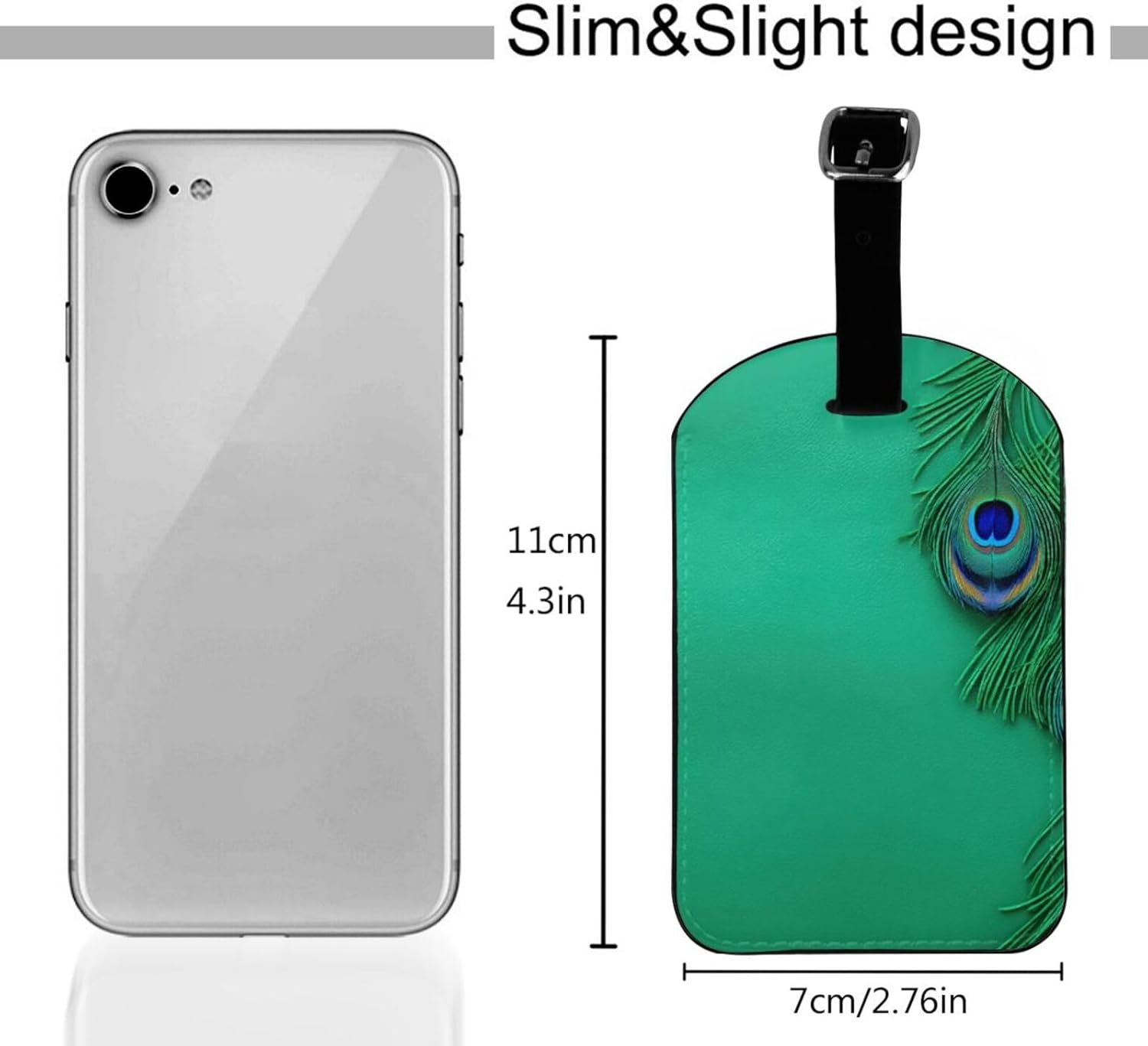 Green Peacock Feather Print Elegant Tag Stylish Tag Luggage Tag 4.3 X 2.76 Inch for Suitcases Travel Bags image number 5