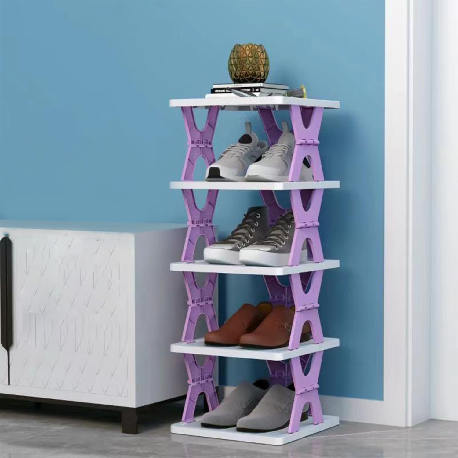 Foldable Vertical Shoe Rack, X-Design Tall Shoes Organiser for Narrow Space, Corner Shelf for Single Dormitory or Small Room (Purple, 6 Tier)