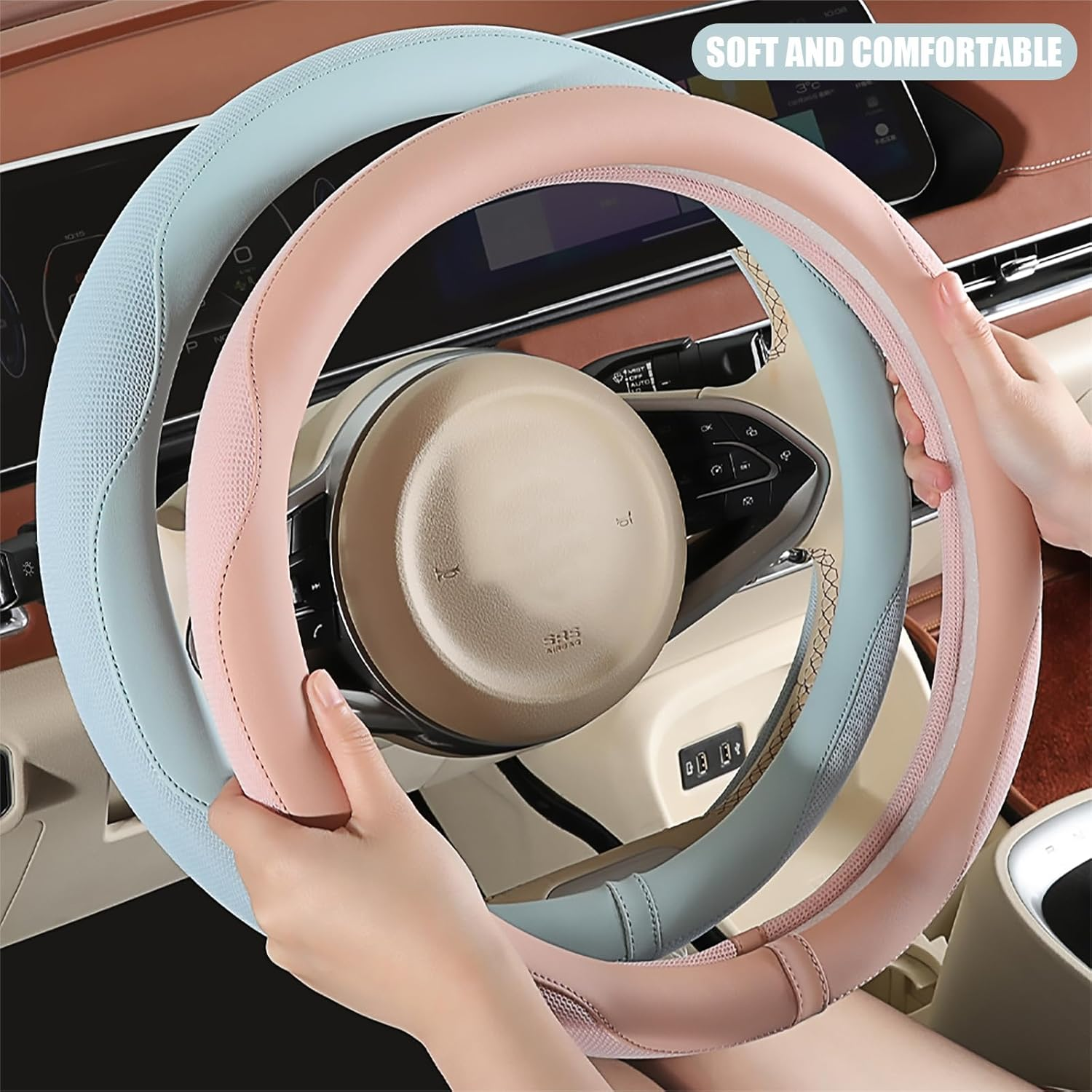 Binsheo Nappa Leather Pink Steering Wheel Cover, Advanced Microfiber Leather Non-Slip Breathable Fabric, Warm in Winter and Cool in Summer, Universal 15 Inch image number 5