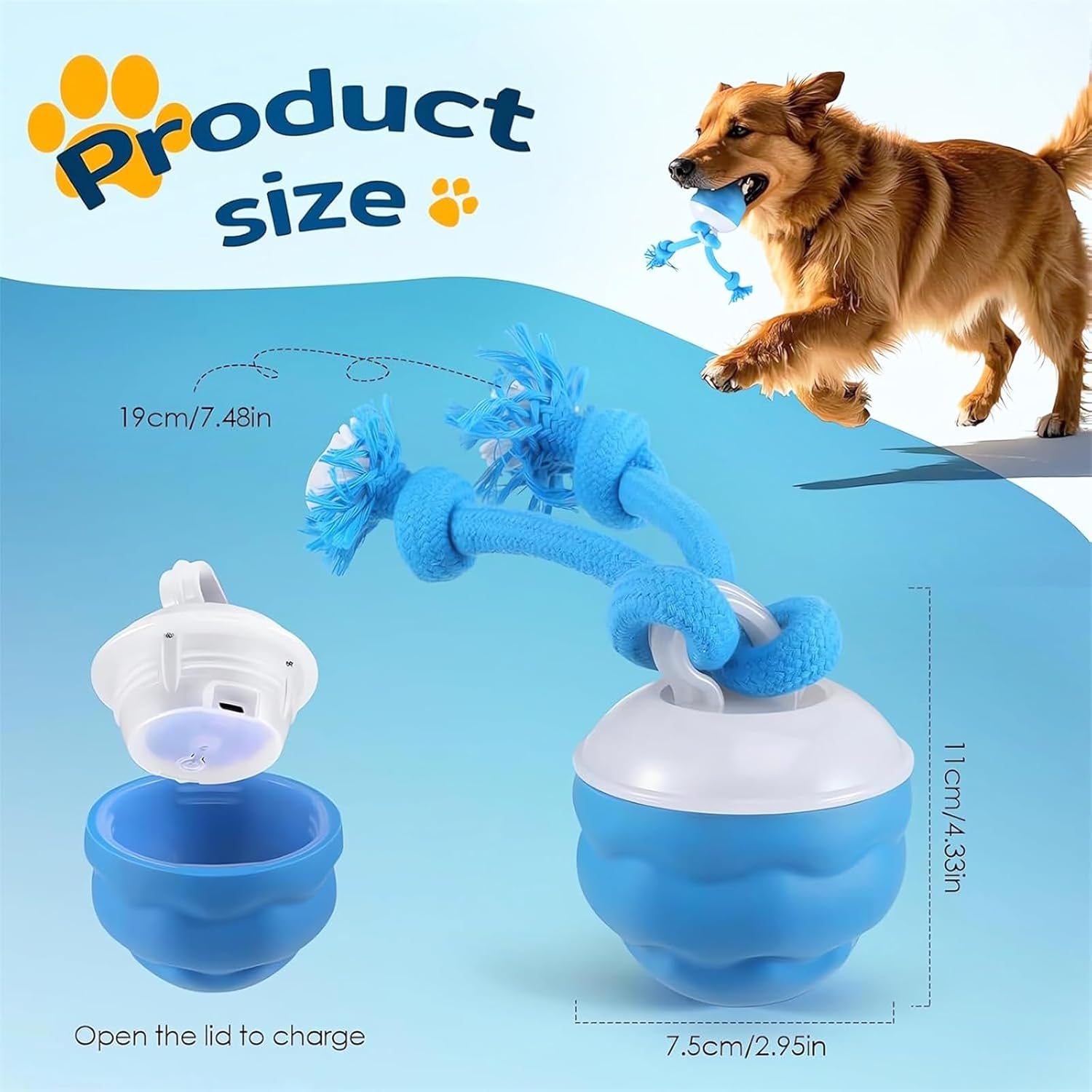 Interactive Dog Ball Toy, USB Rechargeable Squeaky Interactive Rolling Dog Toys Ball, Automatic Moving Dog Ball Chew Toy with Fun Rope for Small/Medium/Large Dog Cat Indoor/Outdoor Boredom Enrichment image number 2