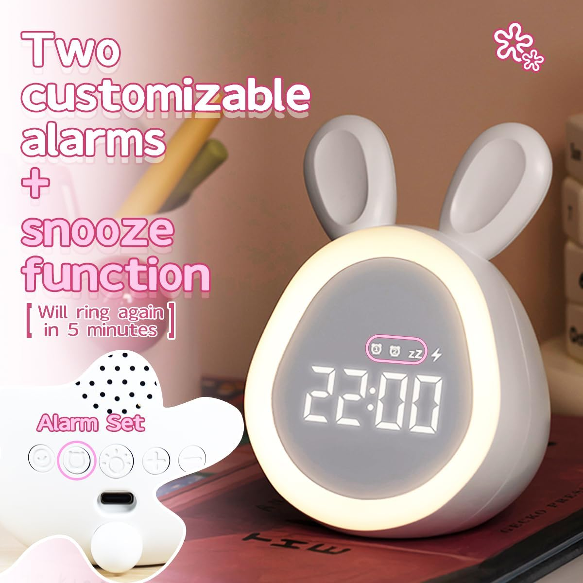 Bunny Alarm Clock Night Light for Kids with Temperature Brightness Adjustable and Time Display, Rechargeable, Timing Function, Non-Flickering Eye-Caring LED Warm Light (Light Pink) image number 2