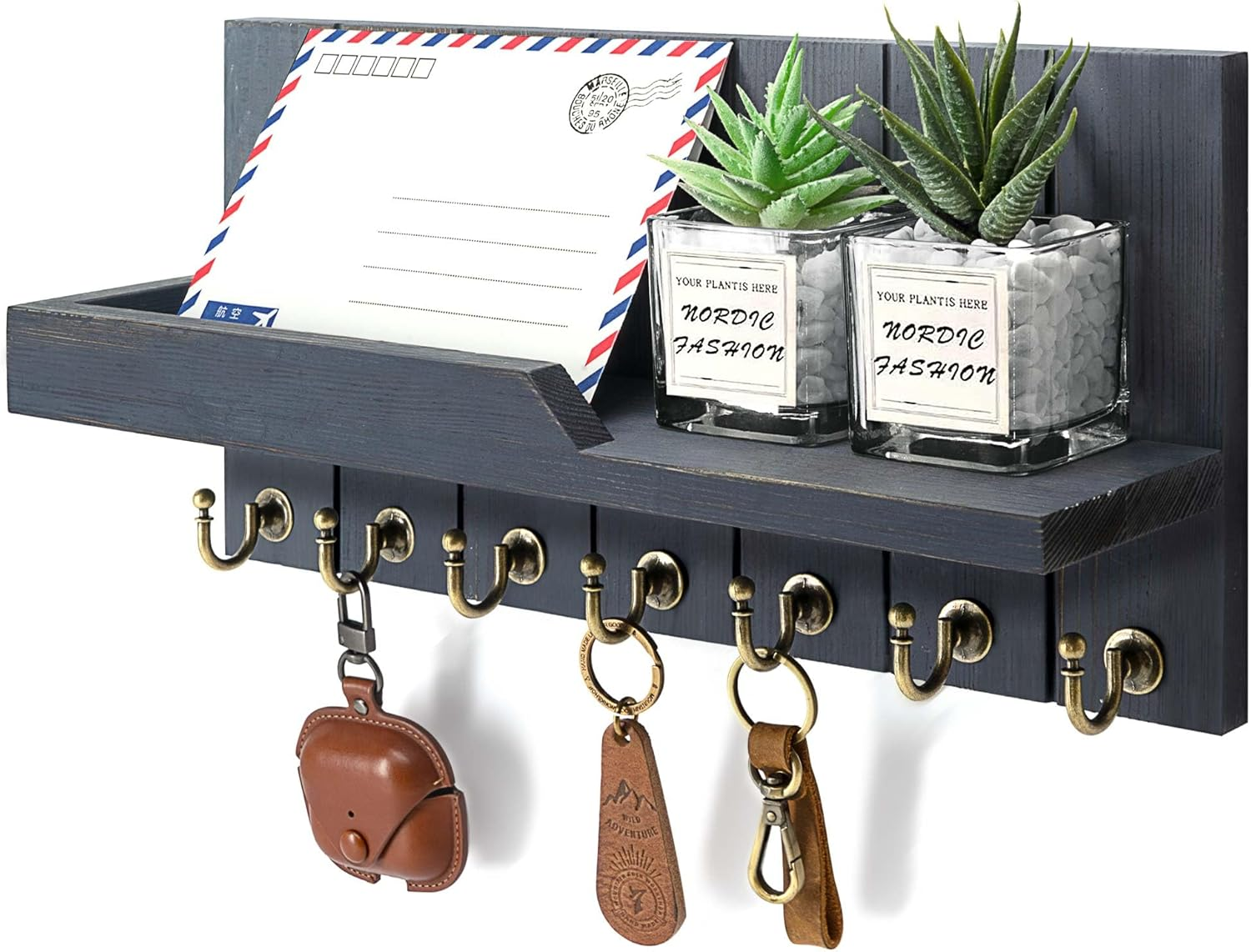 Rebee Vision Decorative Key Holder for Wall - Rustic Key Hooks with Shelf and Mail Organizer Wall Mount for Farmhouse Home Decor or Living Room - Home Essentials for New Home (Retro Brown)