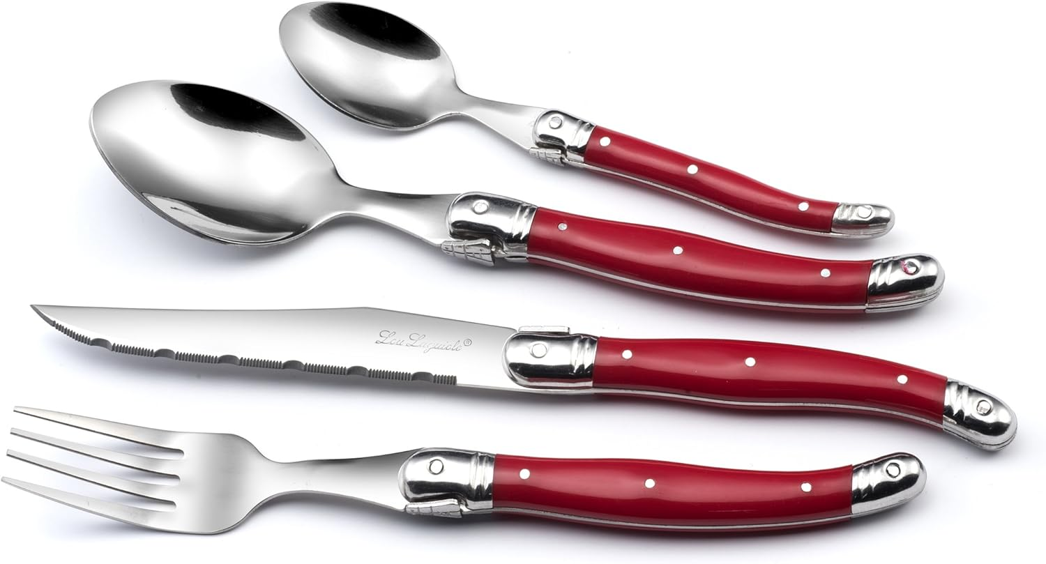 Lou LAGUIOLE Tradition Steak Knife Cutlery Set 24 Pieces | Steak Cutlery with Tradition and Style | Handles in Red | Serrated Knife | Barbecue Cutlery Set | Sharp Knives | Cutlery Set for 6 People - Red image number 1