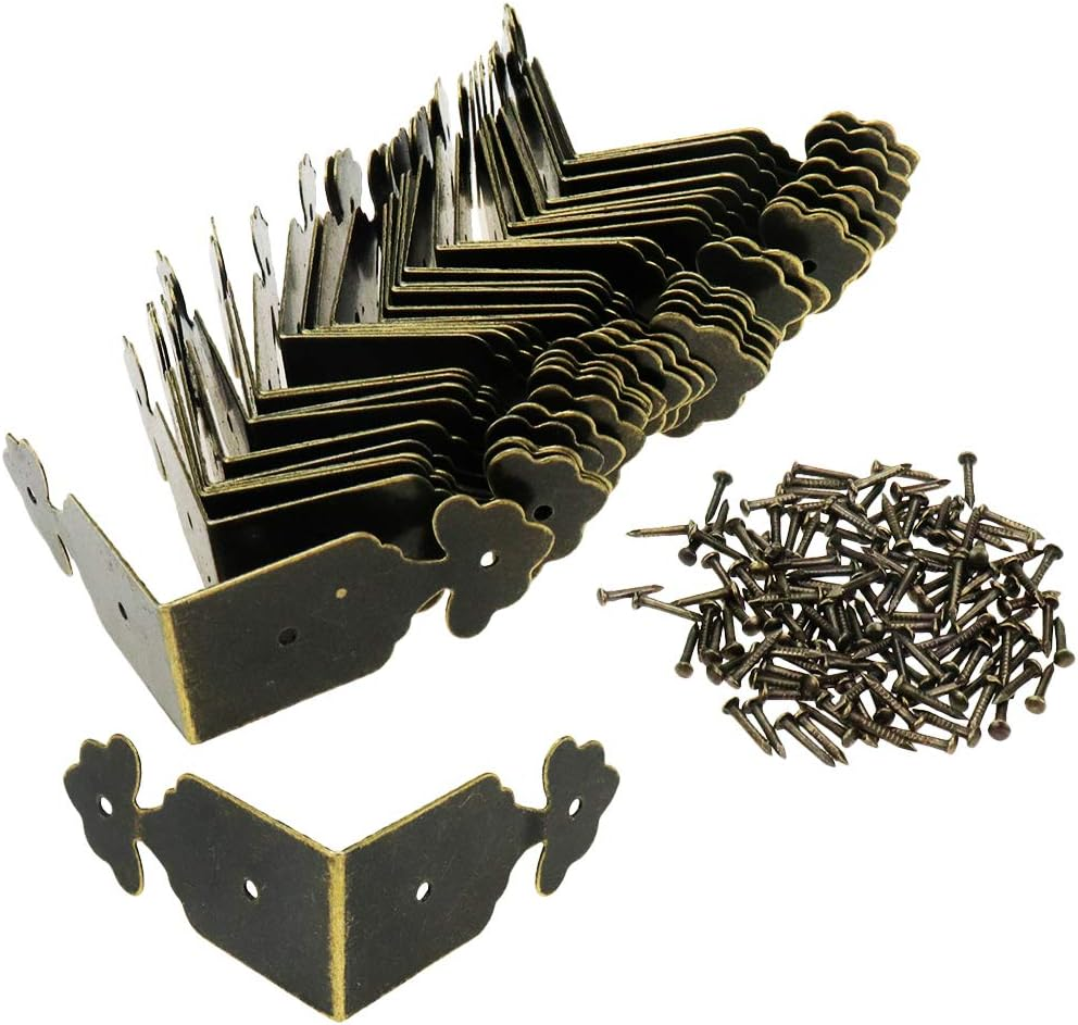 Geesatis 30 Pcs Corner Protector Box Edge Cover Brackets Right Angle Vintage Flower Pattern Decorative Corner Brackets, Bronze Tone, 1.5 X 0.7 Inch