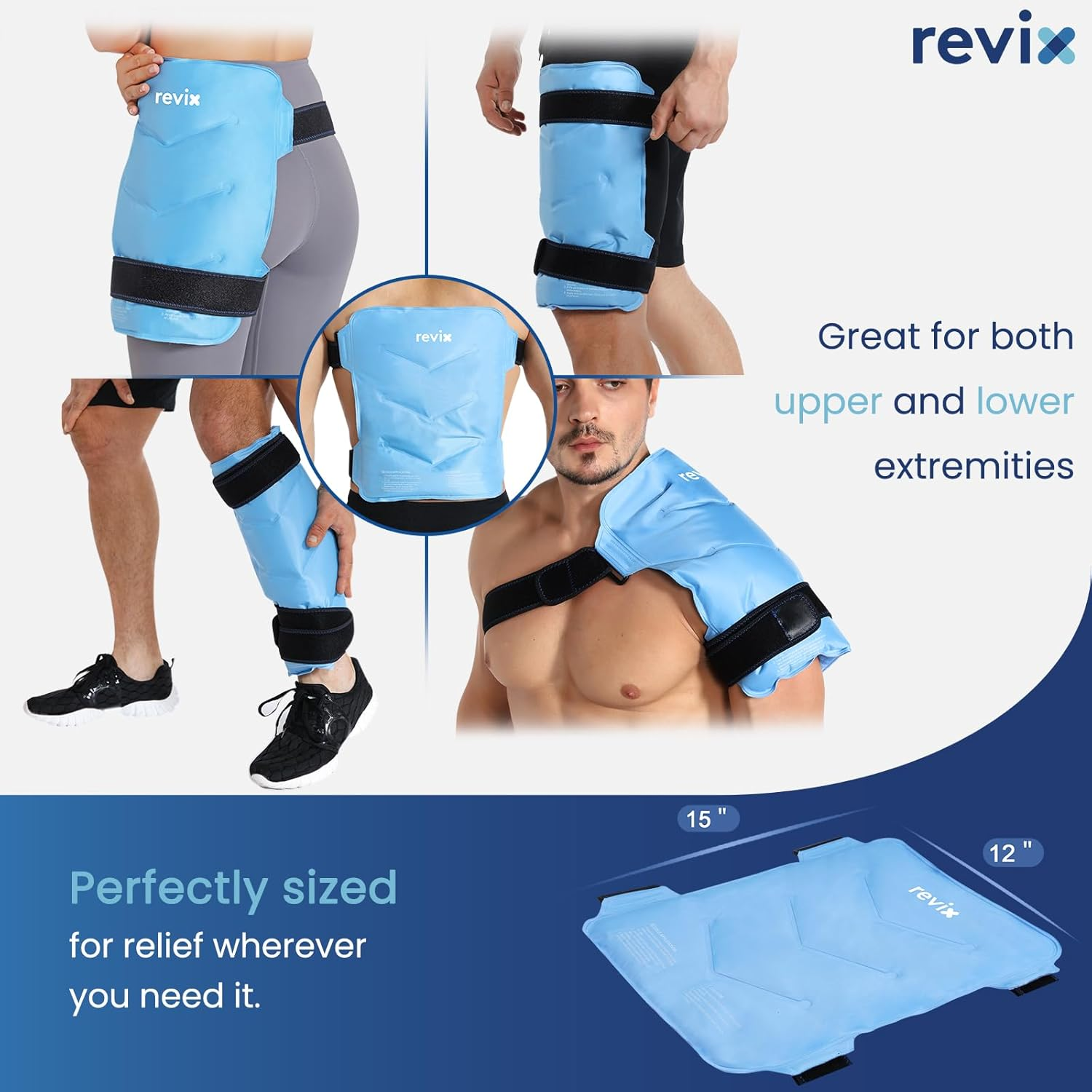 REVIX Large Ice Pack for Injuries Reusable Wrap for Back, Hip, Leg, Shoulder, Flexible Soft Gel Cold Packs for Injuries, Joints and Muscle Discomfort Relief, 12 &times; 15" Blue image number 5