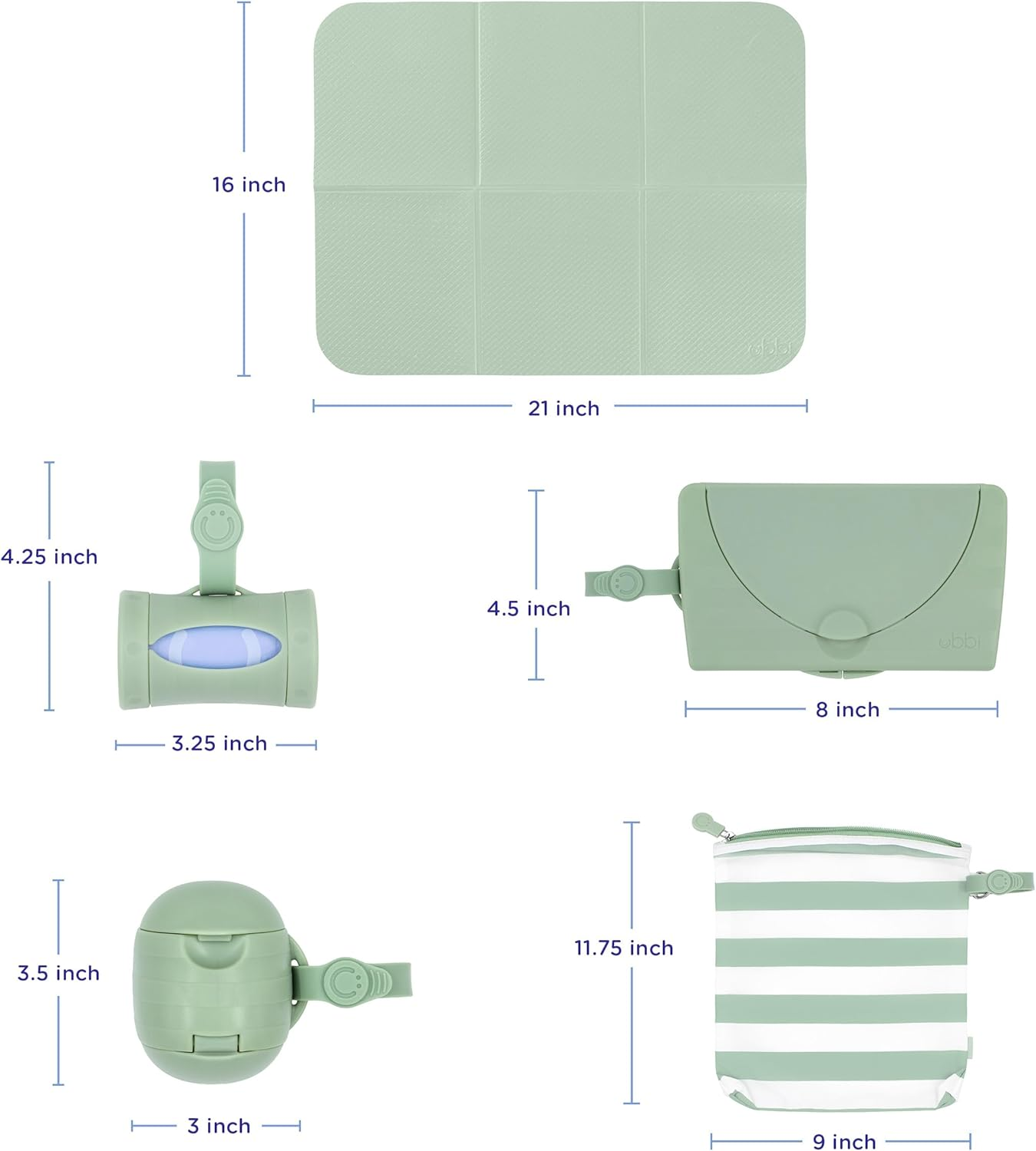 Ubbi On-The-Go Diapering Gift Set, Includes Changing Mat and Bag, Wipes Dispenser, Pacifier Holder and Bag Dispenser, Newborn Essentials, Sage image number 5