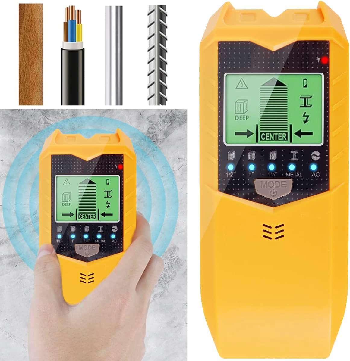 Stud Finder Sensor 5 in 1 Battery Operated SH402 Wall Scanner Detector Portable Electronic Detector with LED Display and Audio Alarm Handheld Stud Detector(Yellow) - Silver image number 5