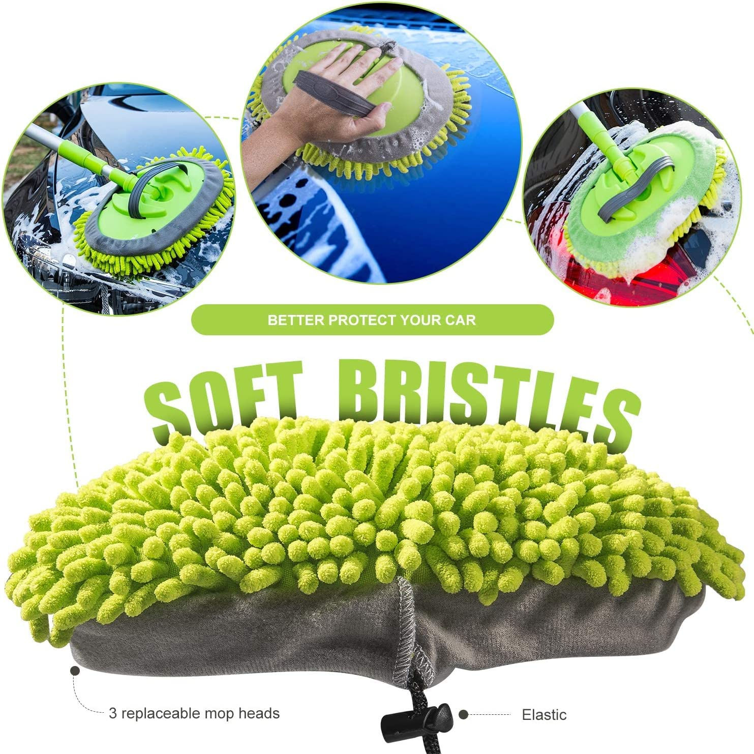 Bluefire 2 in 1 Car Wash Mop Mitt Chenille Microfiber Car Wash Brush with 44.5" Long Handle, 180&deg; Rotation Cleaning Tool Brush Duster for Truck RV Bus(Green) image number 3