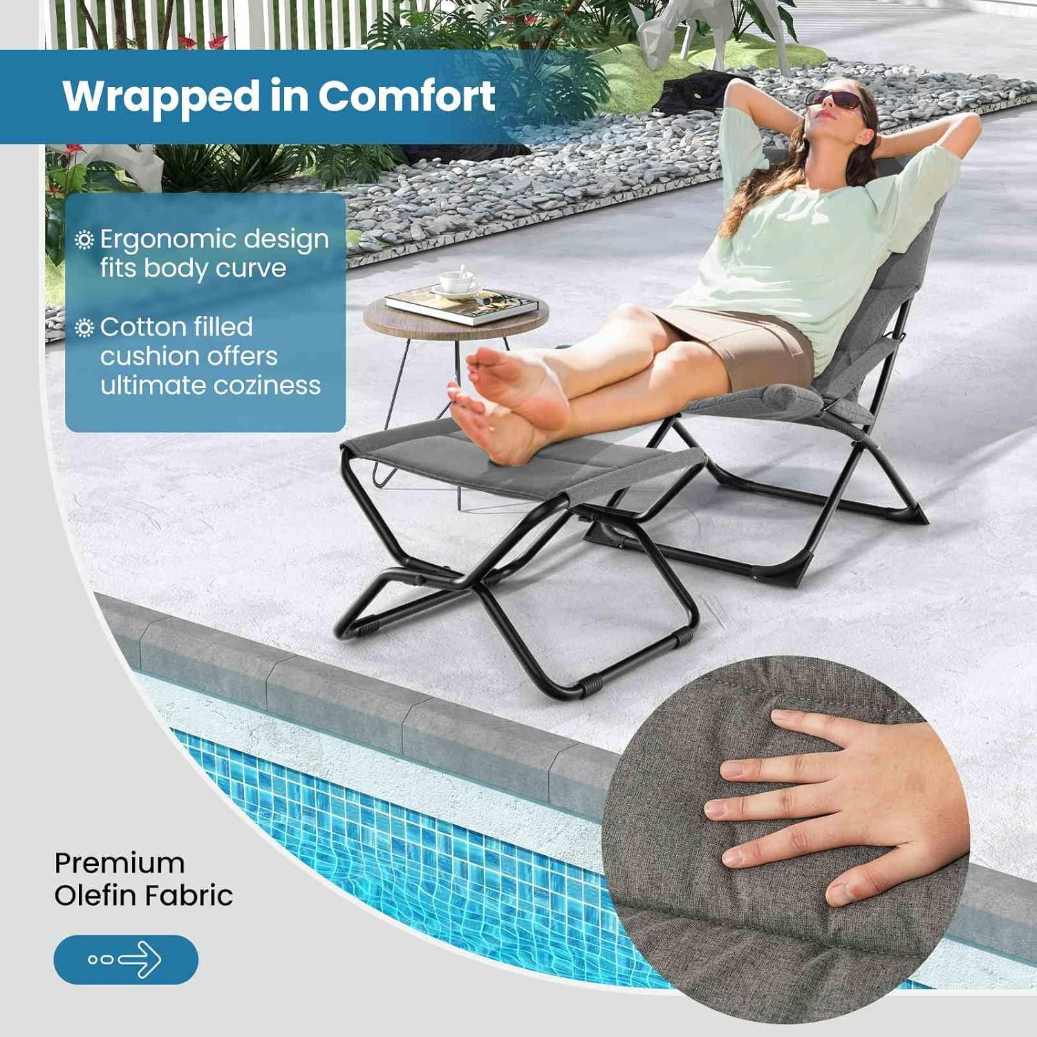 Costway Patio Folding Sling Chair with Ottoman, Outdoor Portable Lounge Chair with Footrest & Removable Cushion, Reclining Beach Chair & Ottoman Set for Deck, Garden, Poolside, Grey image number 5