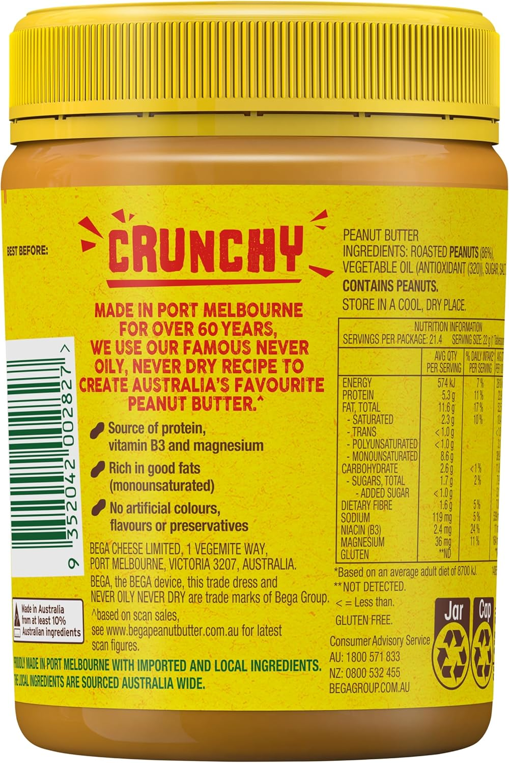 Bega Crunchy Peanut Butter, 470G image number 4